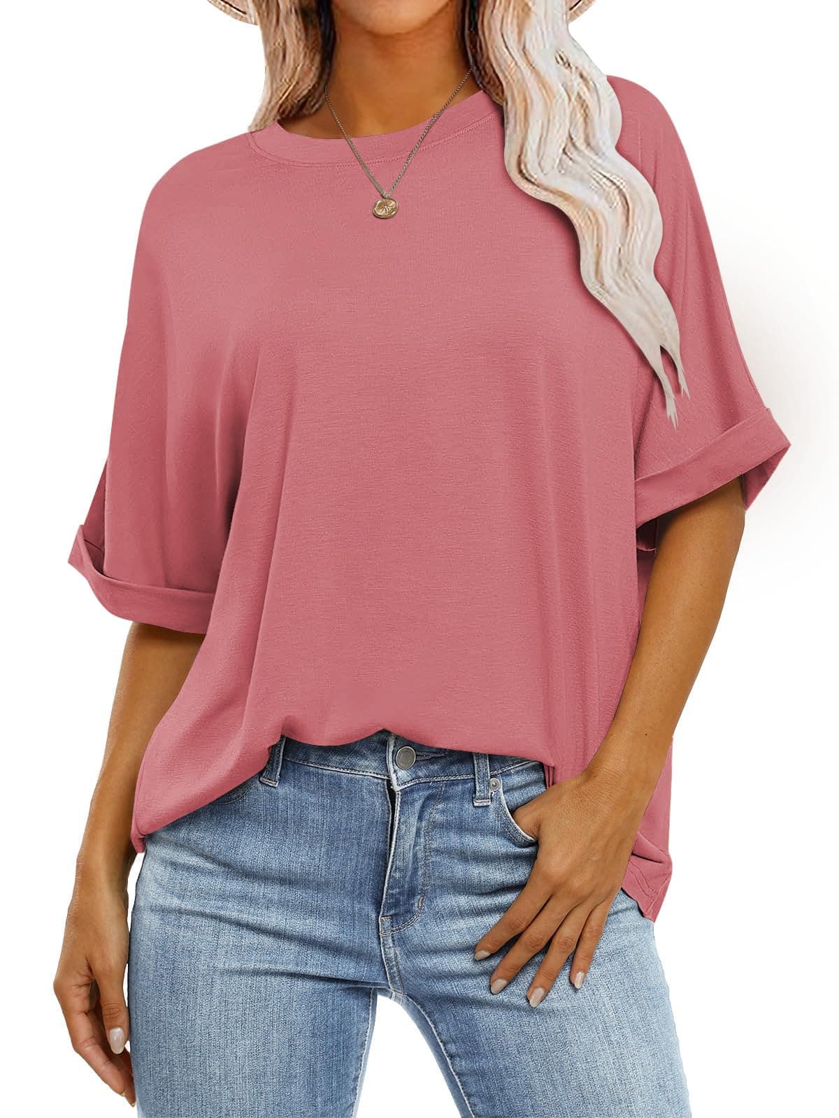 Cuptacc Tee Shirt Femme Top Oversize Col Rond été Top Femme Chic et Élégant Manche Courte Blouse