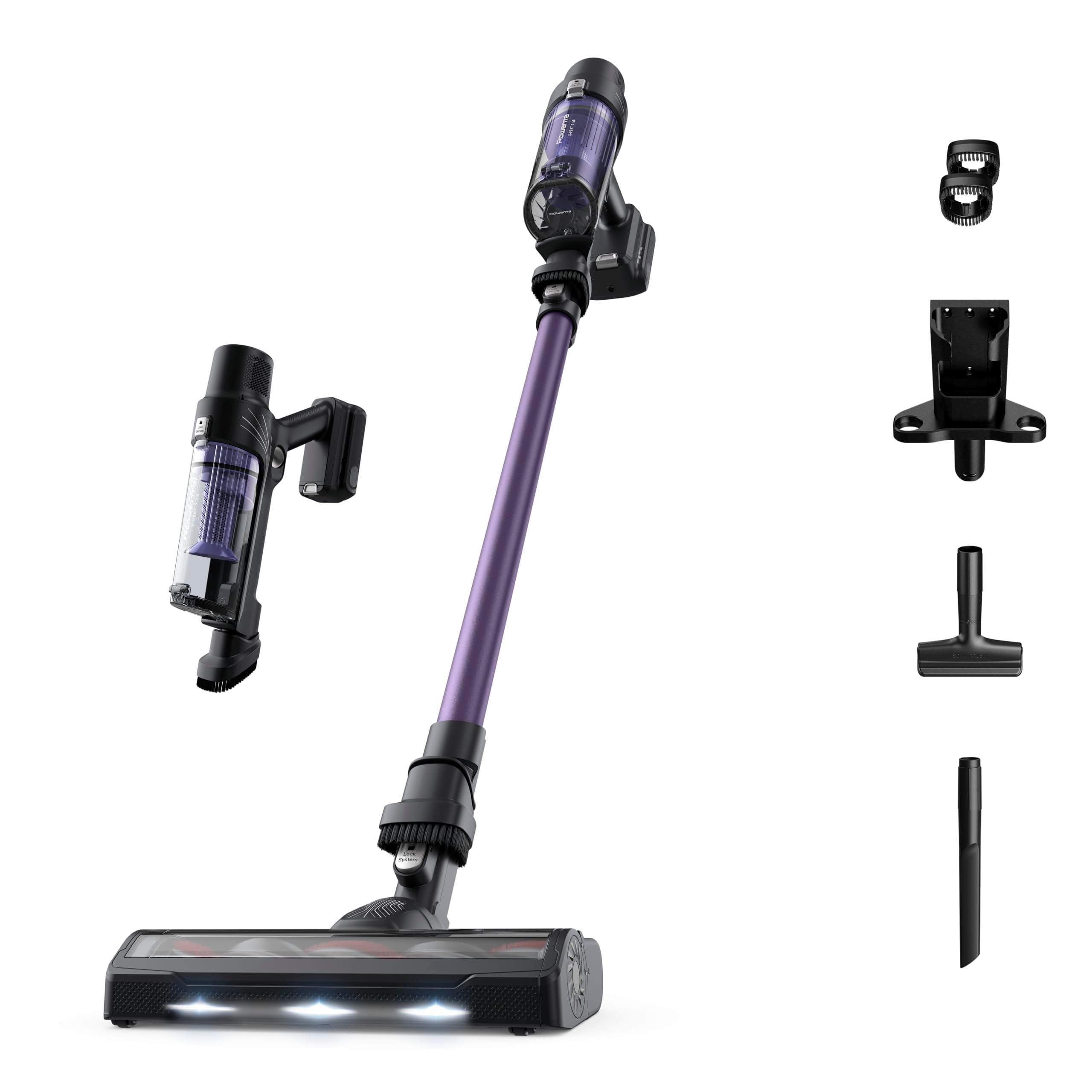 Rowenta X-Pert 7.60 Aspiradora sin cables, batería 45 min, motor 140W, filtro HEPA, diseño ergonómico, limpieza multisuperficie con accesorios y luz LED, color lila, RH6A31WO