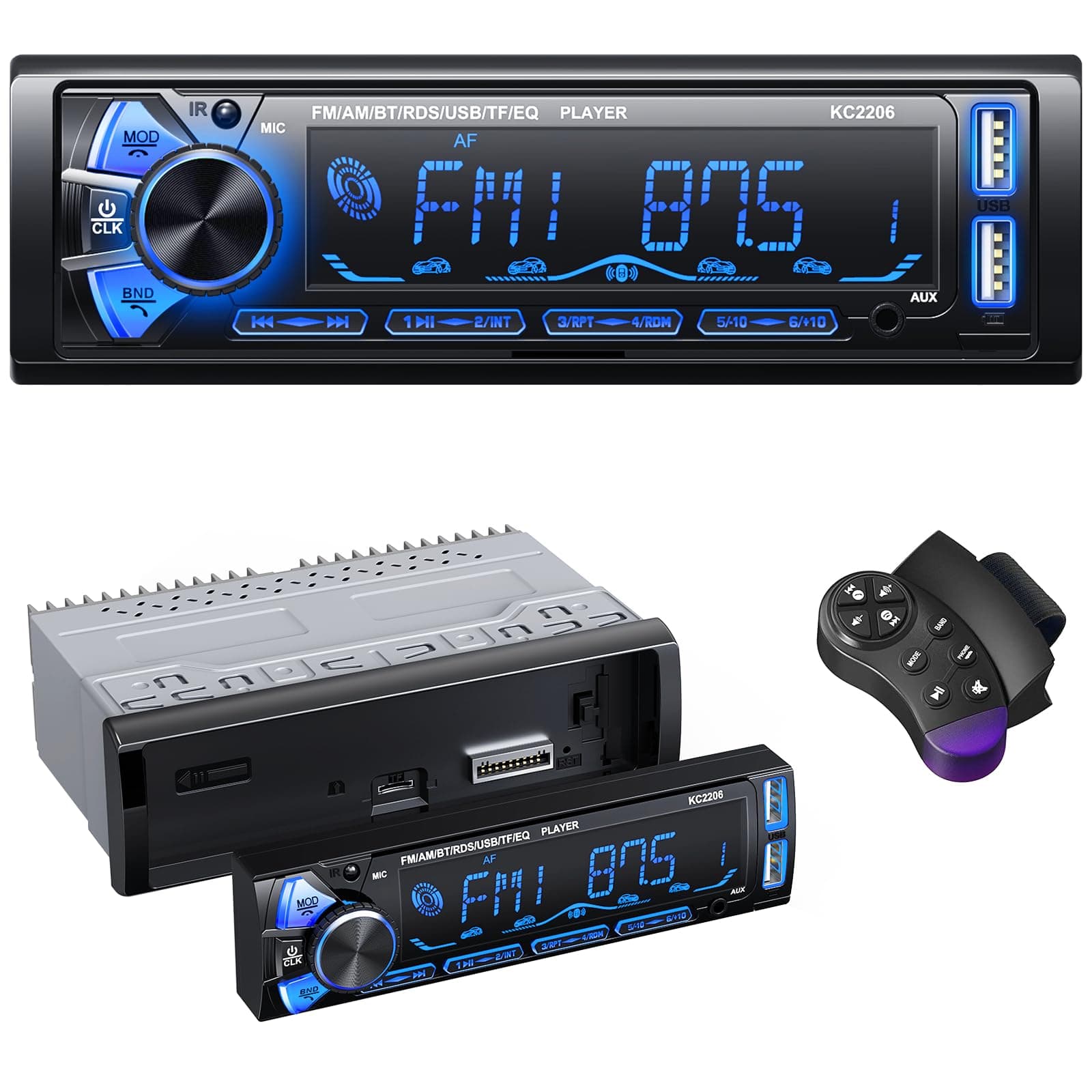 Radio Coche Bluetooth Extraible, Wistrue RDS Autoradio Bluetooth 5.0,FM/Am 1DIN Autoradio Stéreo Soporta MP3/2USB Carga rápida/AUX/SD Compatible con Android y iOS