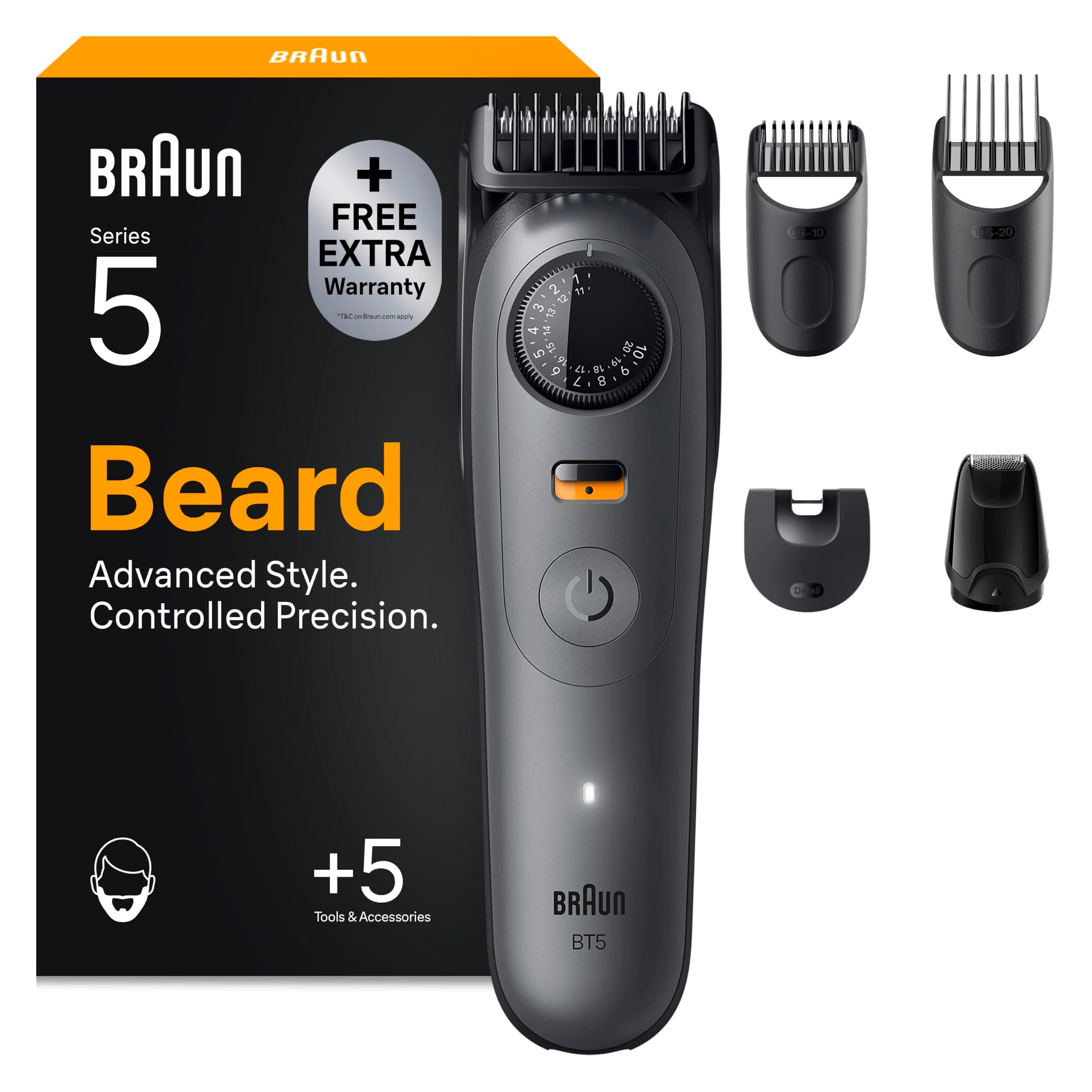 Braun Barttrimmer Series 5, Kabelloser Bartschneider Herren, BT5525, Grau | Bart Rasierer mit 40 Längen, Trimmer mit 120 Min. Akku, Wasserdicht, Inkl. 5 Zubehörteilen Und Ultrascharfe Klinge