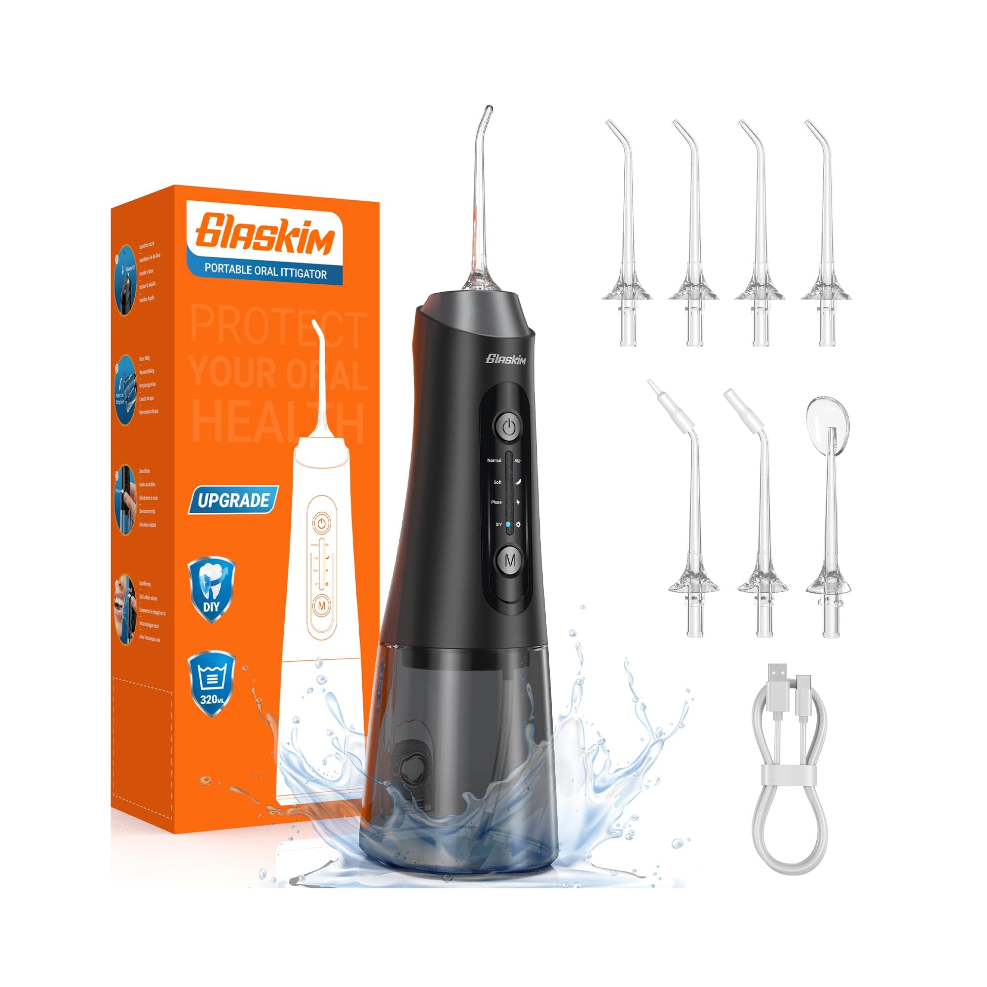 Glaskim Jet Dentaire Hydropulseur Professionnel - 4 Modes de Nettoyage, Réservoir 320ML Grande Capacité, 8 Buses Interchangeables, USB Charge Rapide, IPX7 Etanche, Portable pour Maison & Voyage Nior