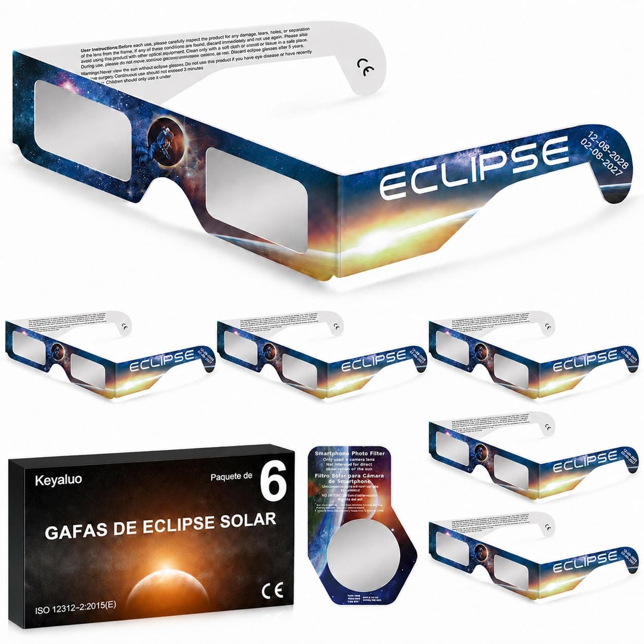 Keyaluo 6/12/100 Gafas Eclipse Solar Homologadas,Certificado EN ISO 12312-2:2015(E) y CE,Aprobación AAS 2026,Gafas eclipse solar para visión directa del sol
