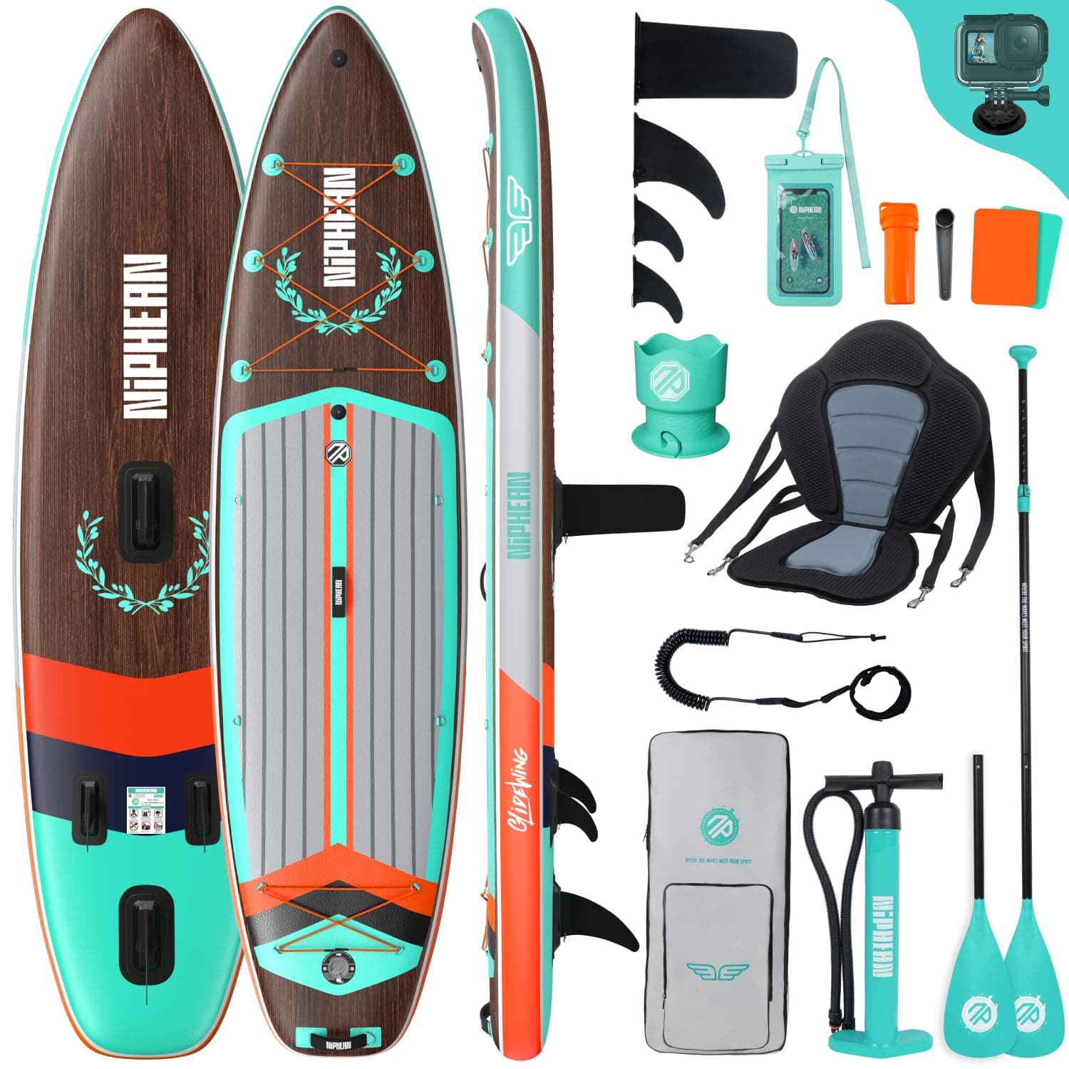 Niphean (Extra Groß) Stand Up Paddling Board, SUP für 2+1 Personen/Familien, SUP Board mit (Anfängergeeignet) Balancierflügel, wasserdichte Handyhülle, Stand Up Paddle Board for Adults, Geschenkideen