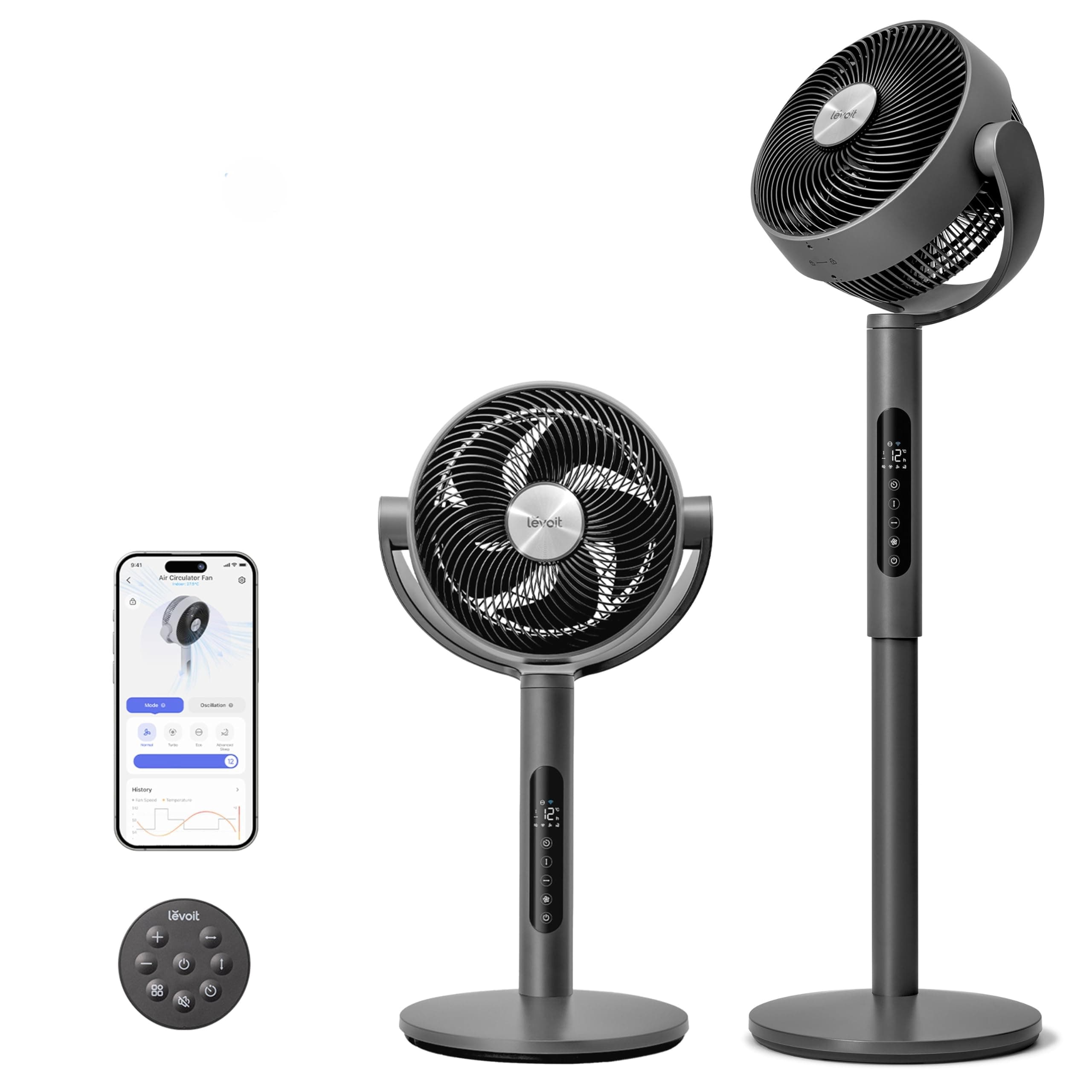 Levoit 20dB Ventilador de Pie Silencioso Inteligente, Motor DC, Ventilador Circulador Bajo Consumo con WiFi, 4 Modo y 12 Velocidades de Viento, 30M de Viento, 12H Temporizador, 90°+120° Oscilación