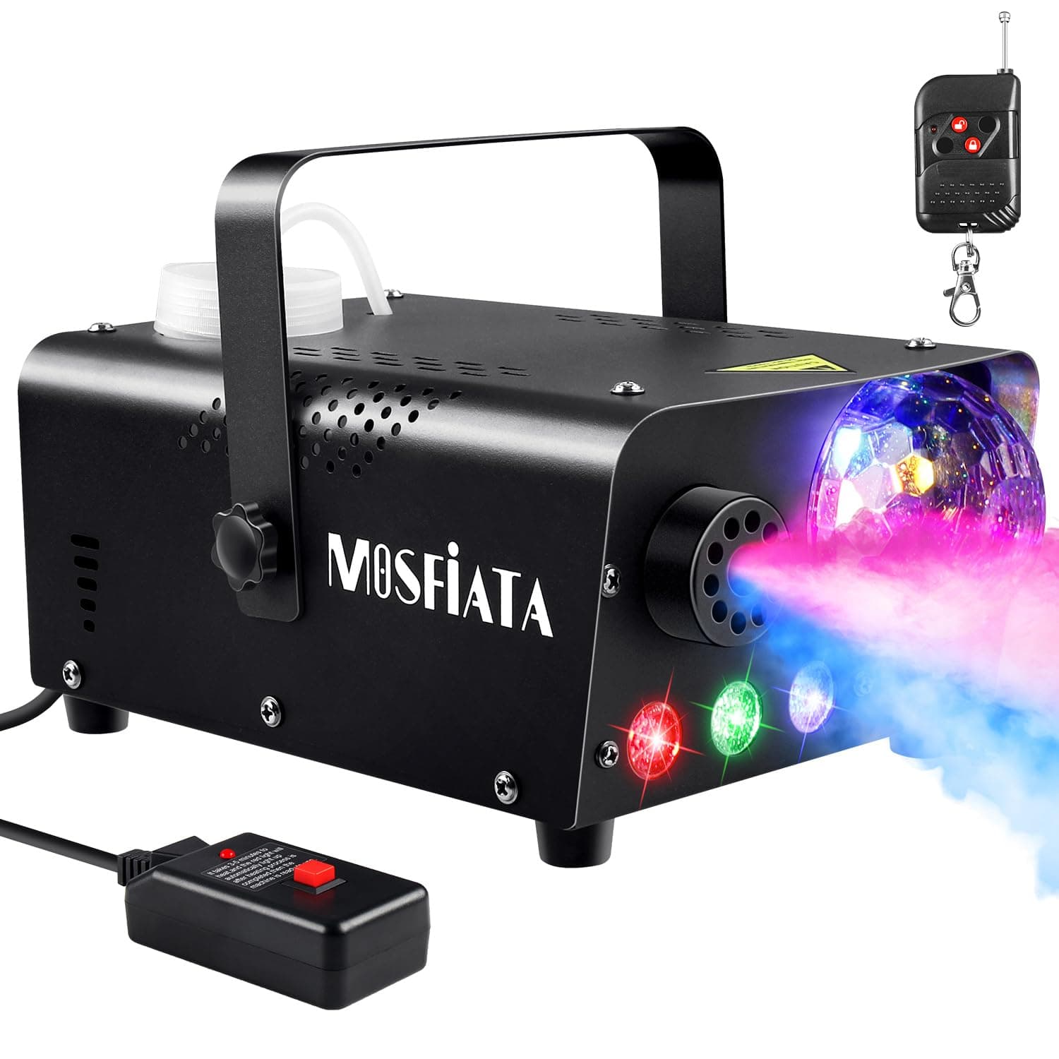 MOSFiATA Maquina Humo 600W con Bola Luces para Halloween Fiestas Discoteca | Pequeña, con Luces LED RGB, Mando a Distancia, Calentamiento 2-3 min, Modo de Humo Automática, Luces y Humo Separado