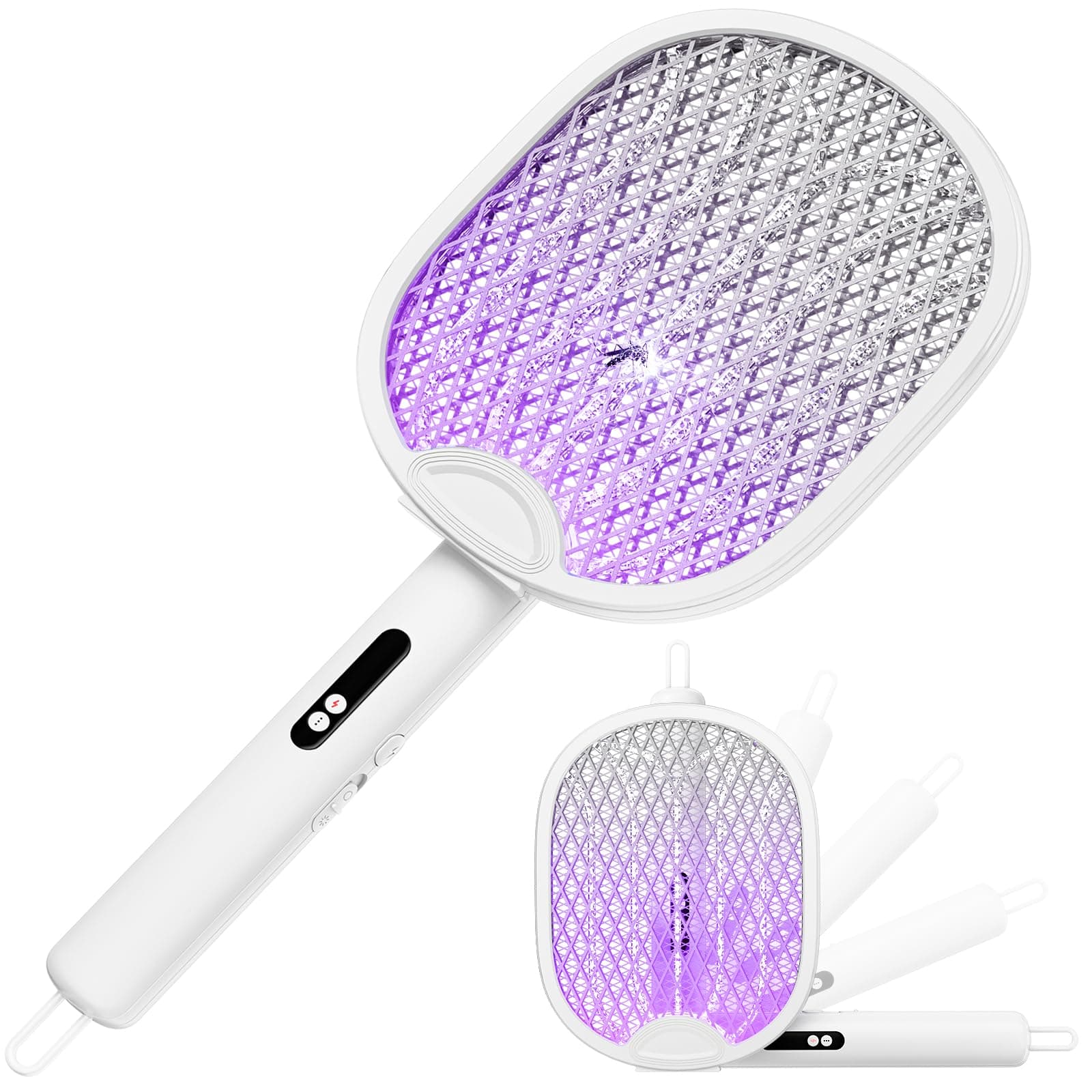 WOCVRYY Raquette-Moustique Electrique Insectes 4000V Pliable - 3 en 1 Extra Puissante 1800mAh Rechargeable pour Moustiques Mouches Guêpes Papillons de Nuit