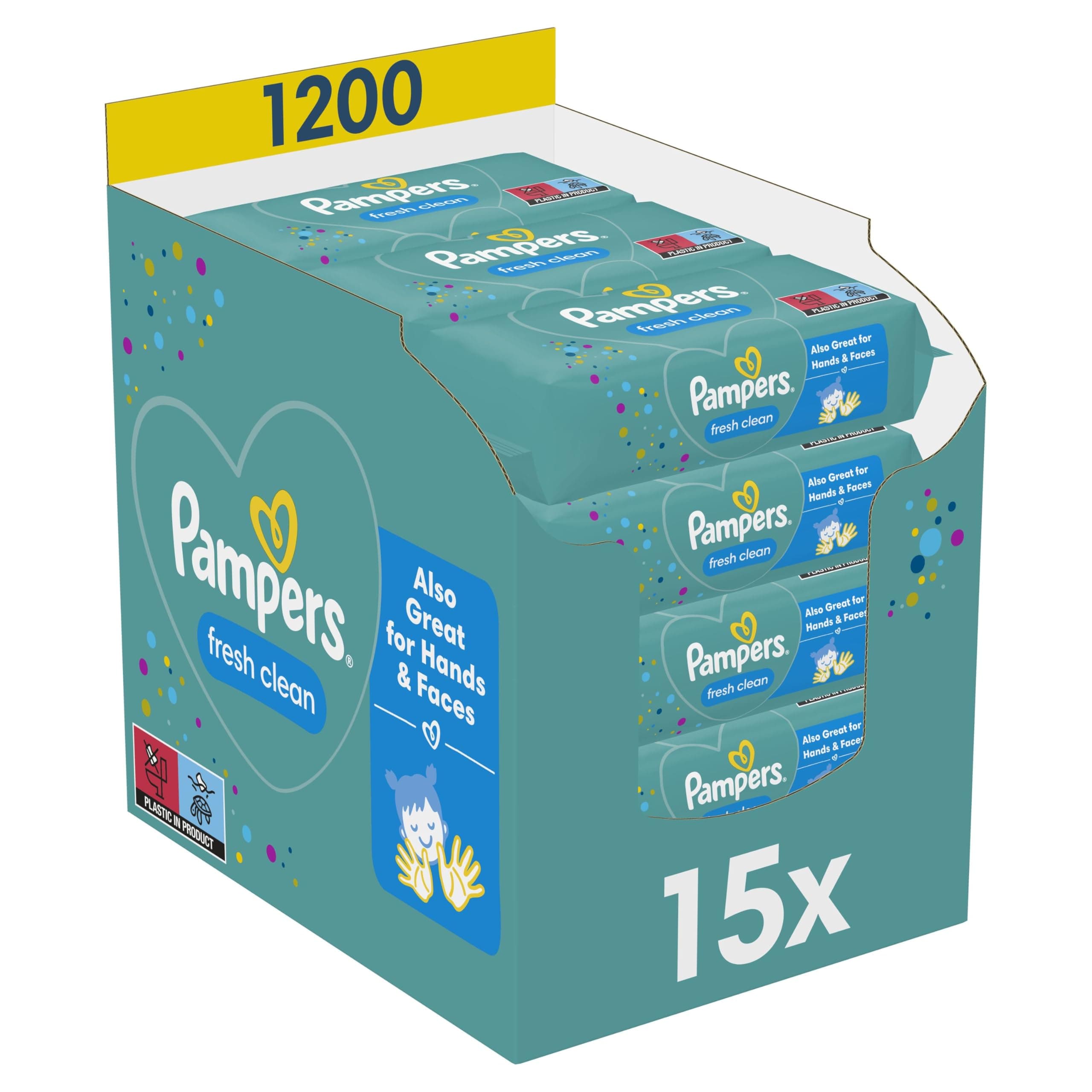Pampers Fresh Clean Lingettes Bébé x1200 | 15 Paquets De 80 Lingettes Bébé. 1200 Lingettes. Sans Alcool. Parfum Rafraîchissant. Aussi Pour Les Mains Et Le Visage.