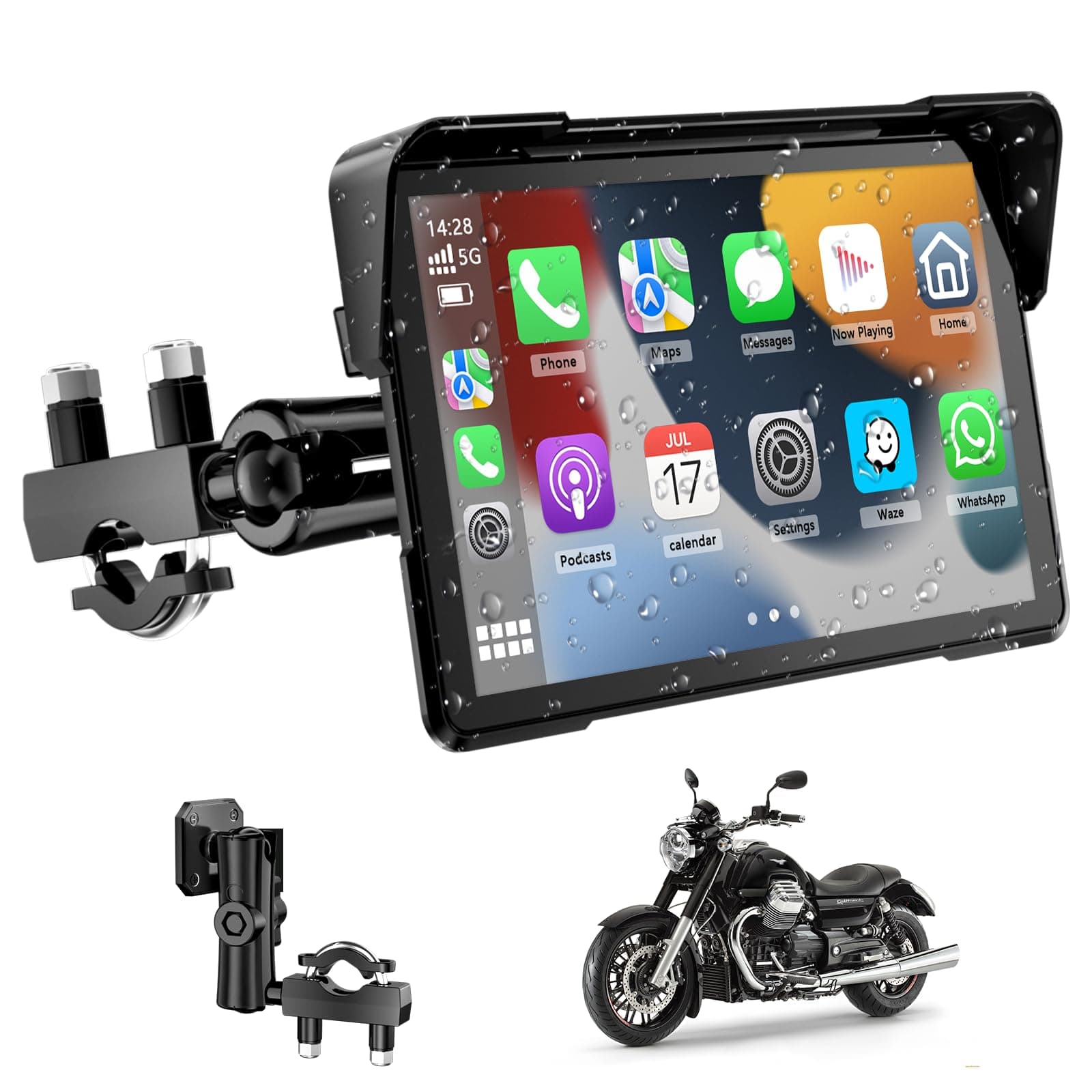 Pantalla Moto Carplay, Inalámbrico CarPlay y Android Auto, 7” Impermeable Táctil GPS Moto con Bluetooth, Navegador, Siri/G00gle Asistente, Supporto Magnetico - Fácil de Instalar y Desmontar