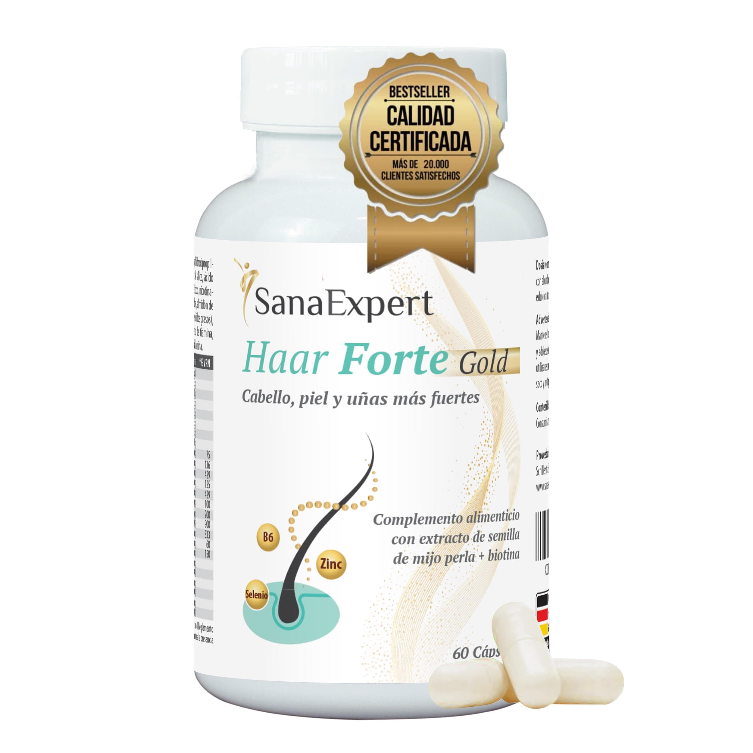 SanaExpert® Haar Forte Gold | Suplemento Capilar Vegano para Fortalecer el Cabello | Pastillas con Vitaminas, Bambú, Melanina, Biotina y Zinc | 60 Cápsulas | Fabricado en Alemania