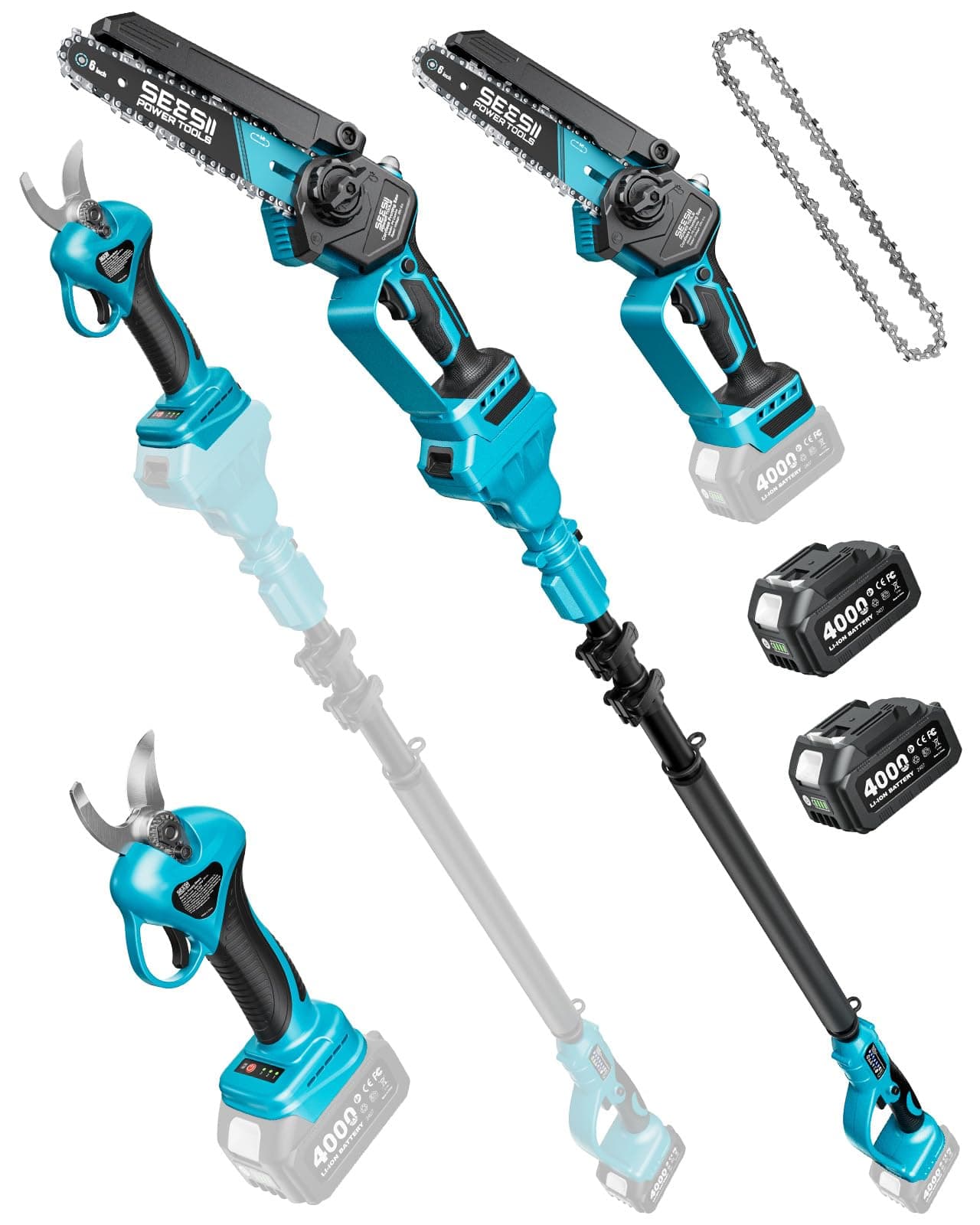 SEESII P6 Combo 6 Pouces Mini Tronconneuse avec Perche & 33 mm Secateur Electrique, 4-en-1 Ensemble d’Outils de Jardin avec 2 * 4000 mAh Batteries, Portée Maximale Jusqu’à 4,57 m