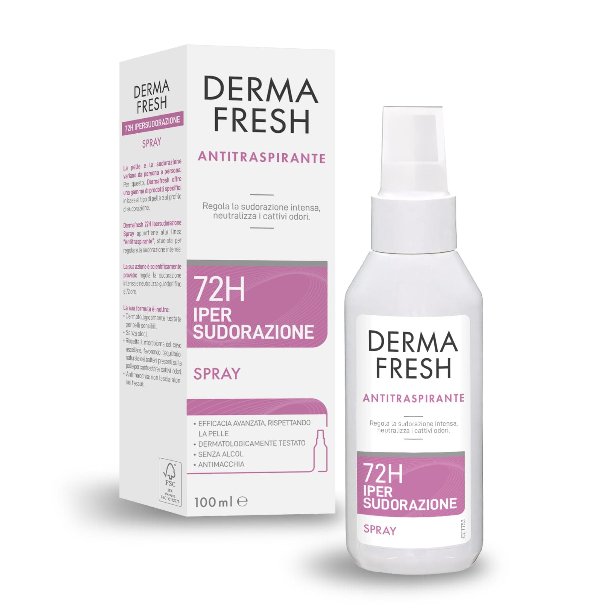 Dermafresh Ipersudorazione Efficace 72H, Deodorante Antitraspirante Spray 100 ml, No Alcol, Antimacchia, Delicato sulla Pelle, Contro Sudorazione e Cattivi Odori, Dermatologicamente Testato