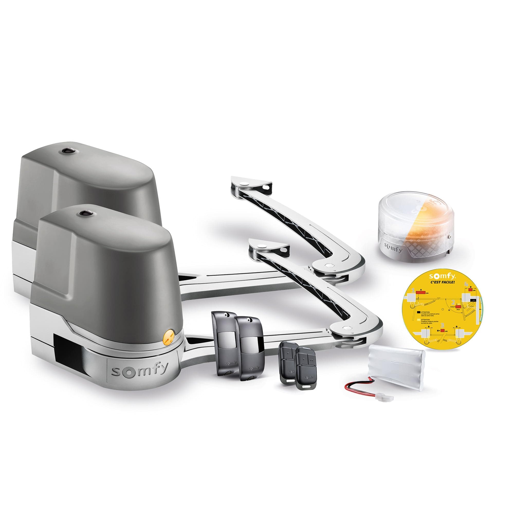 Somfy 2401288 - Motorisation portail battant à bras Evolvia Star | Pour vantaux hauteur et largeur max 2m | Avec 2 télécommandes Keypop, 1 feu clignotant et batterie de secours | Fabriqué en France