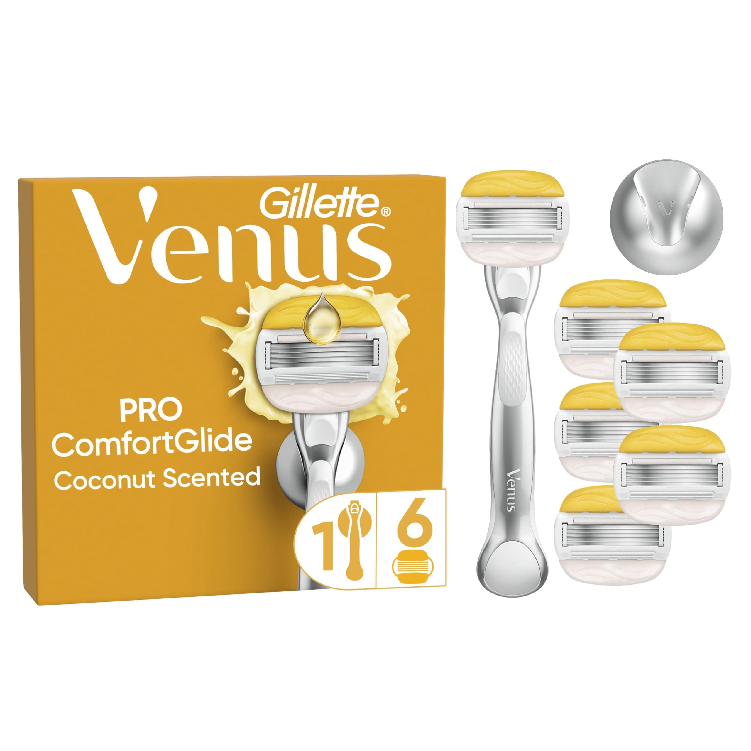 Gillette Venus Rasoir pour Femme Pro ComfortGlide Parfum Noix de Coco, Manche en Métal Réutilisable Et Lot De 6 Rechanges A 5 Lames Et Touche D’Huile D’Argan, Rasage Doux, Soin pour La Peau Sèche