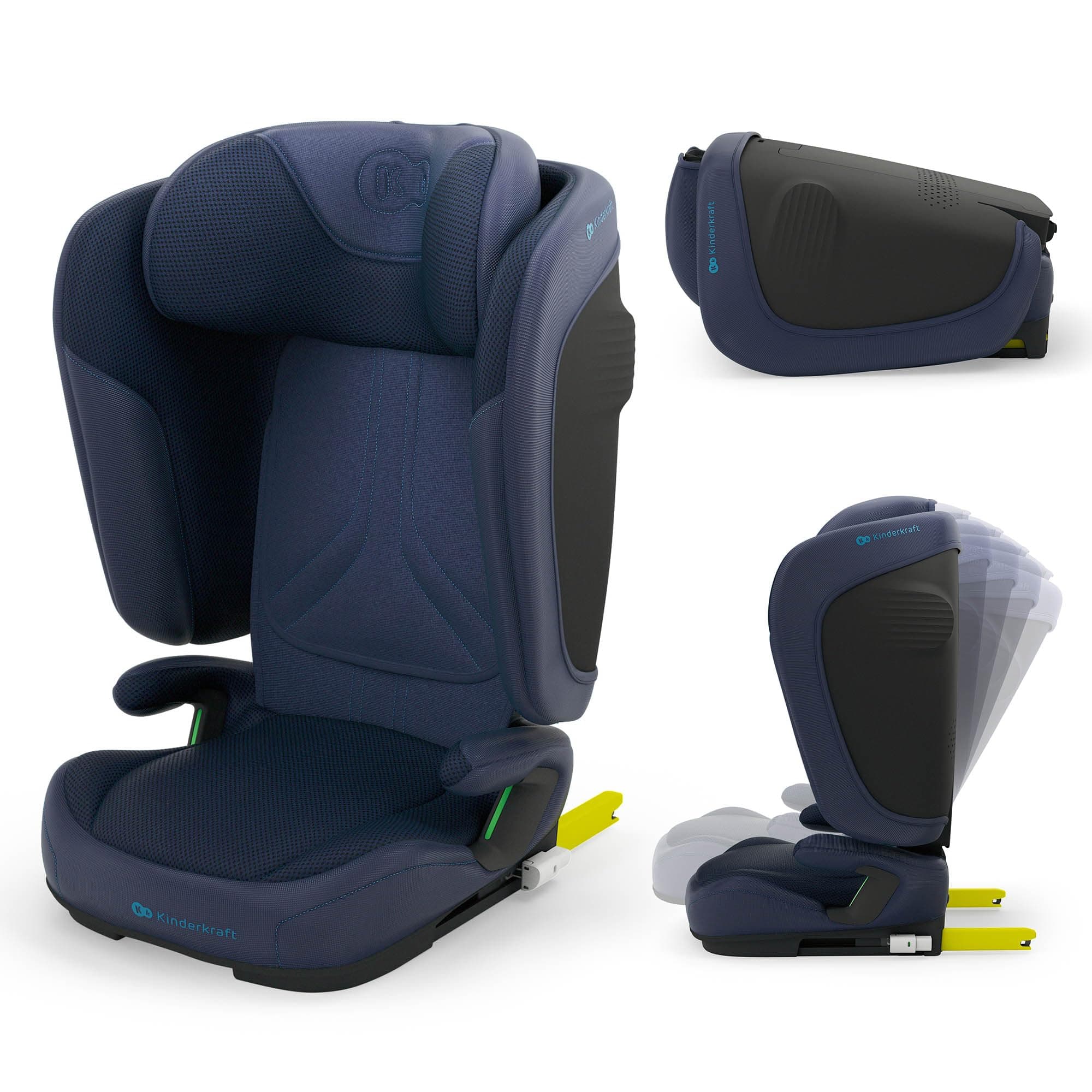Kinderkraft UNITY 2 i-Size, Silla de coche plegable 100–150 cm, De 3,5 a 12 años aproximadamente, Reposacabezas ajustable, Tapizado con sistema AIR FLOW, Ajuste del respaldo en 5 posiciones, Azul