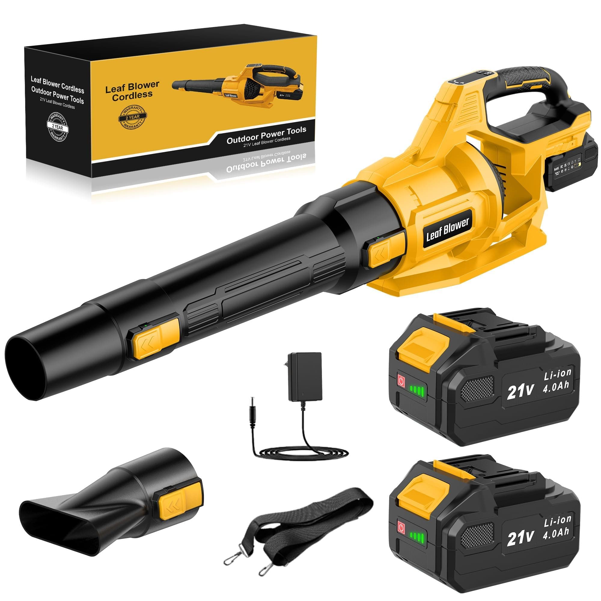JYGMPRO Soplador de Hojas Batería 21V 2 Baterías 4,0Ah | 240 km/h, 3 Velocidades, 2 Boquillas, Correa de Hombro, Cargador Incluido