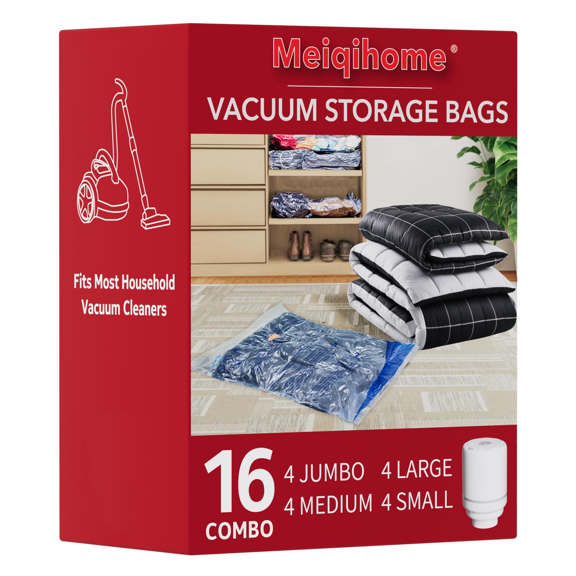 MEIQIHOME Juego de 16 Bolsas de Vacío con Bomba Eléctrica – 4J/4G/4M/4P – Bolsas de Compresión para Ropa, Ideal para Mudanza y Viaje