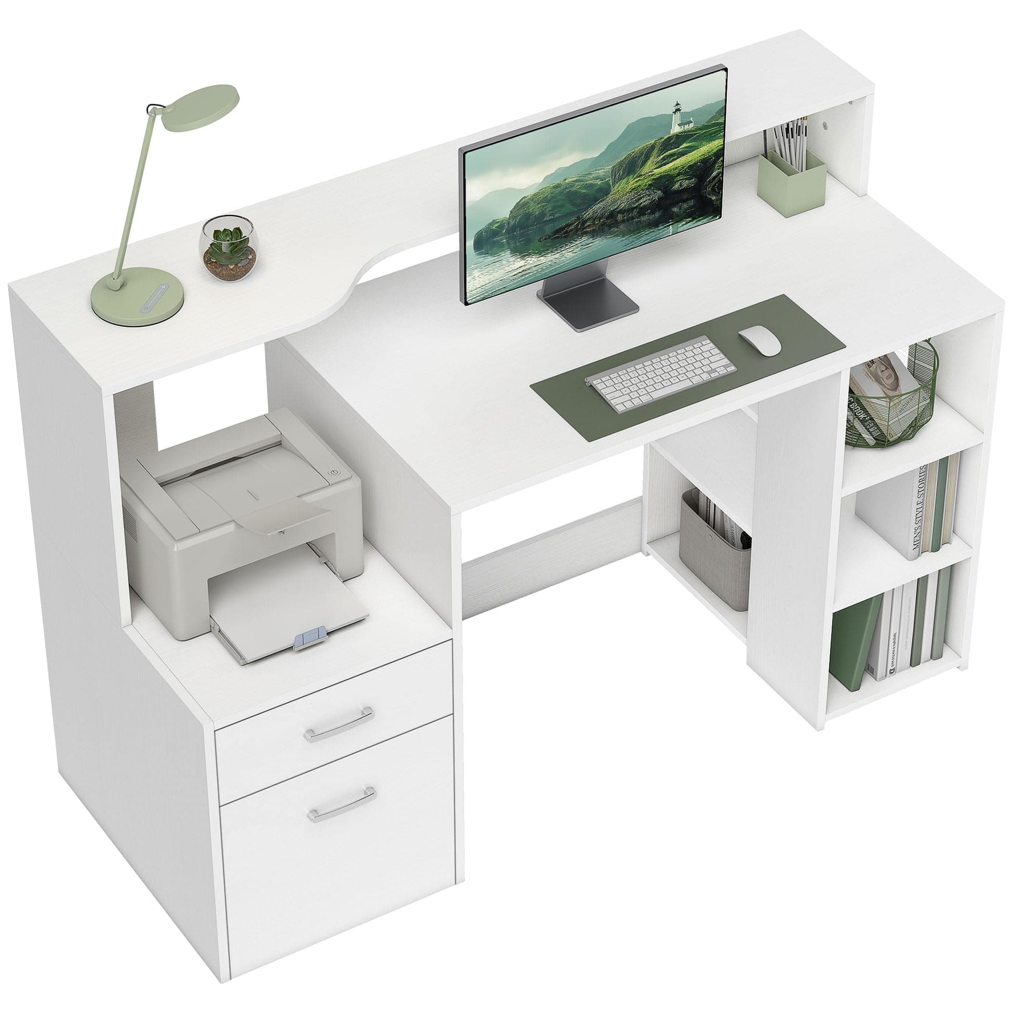 HOMCOM Bureau Informatique avec 2 tiroirs, Bureau avec Rangement, 137 x 55 x 92 cm, étagères Ouvertes et Tablette d'imprimante, Style Moderne, Table d'ordinateur pour Chambre, Studio, Blanc