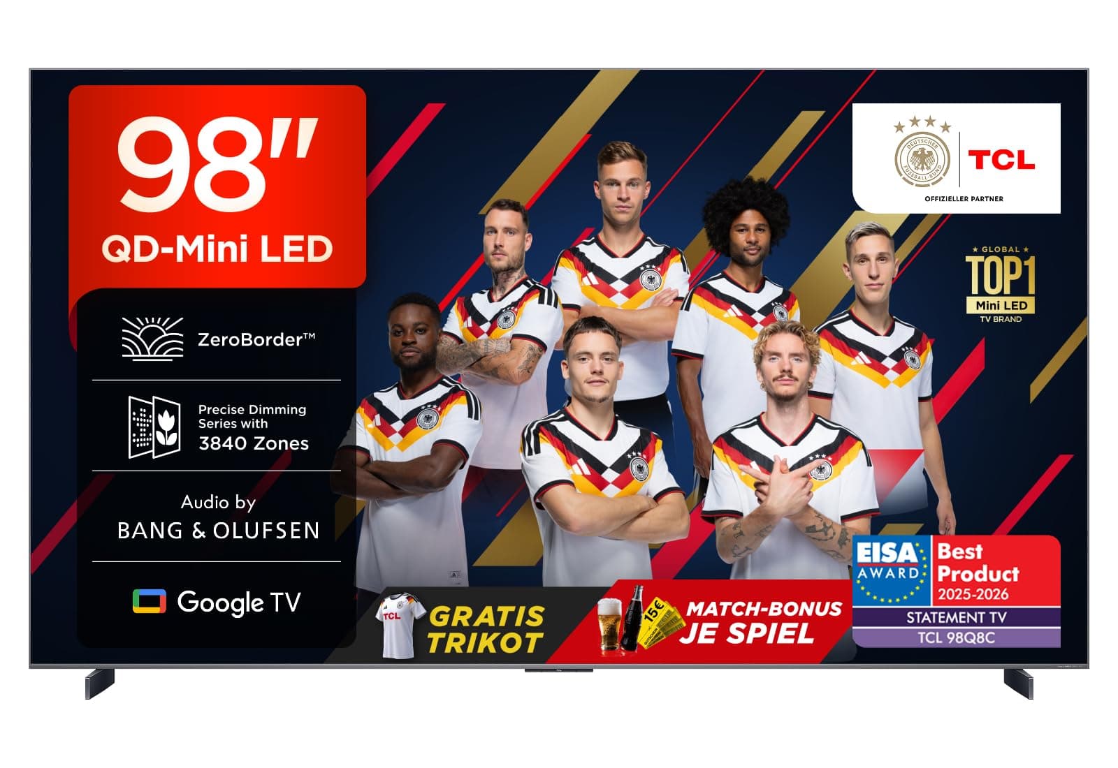 TCL 98Q8C 98 Zoll QD-Mini LED Fernseher, 4K HDR Premium 5000, ZeroBorder™, Smart Google TV CrystGlow WHVA-Panel, Audio von Bang & Olufsen, 144Hz Motion Clarity Pro, Dolby Vision IQ & Atmos
