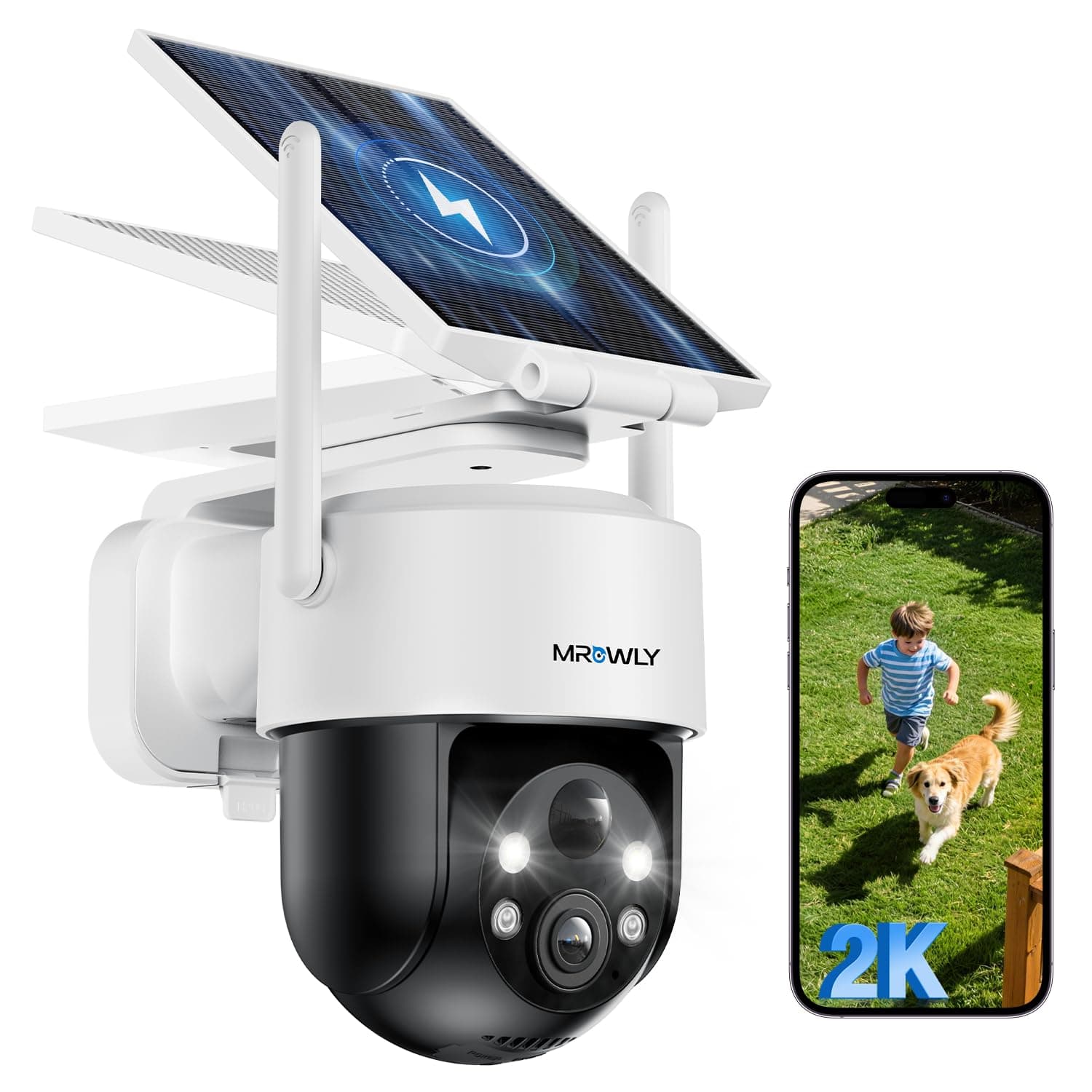 Mrowly 2K Camera Surveillance WiFi Exterieure sans Fil, Panneau Solaire Intégré ou Amovible, 360° PTZ 2,4GHz, Installation Facile Camera Solaire Batterie, Détecteur PIR, Vision Nocturne Couleur