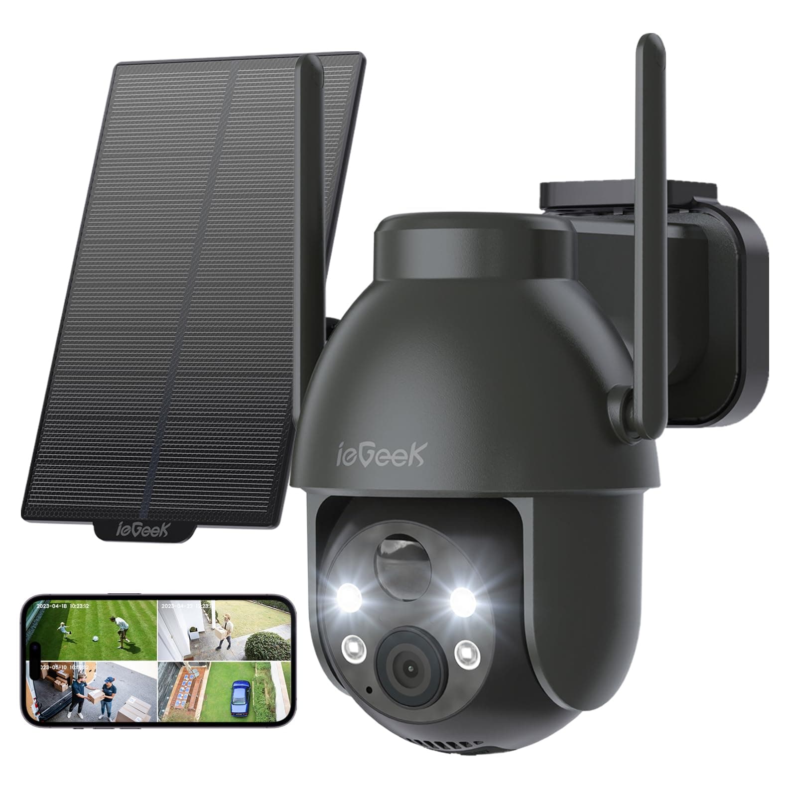 ieGeek 2K Camera Surveillance WiFi Exterieure sans Fil - 360° PTZ Camera Exterieur sans Fil Solaire Vision Nocturne Couleur, Détection Humaine PIR (Noir)
