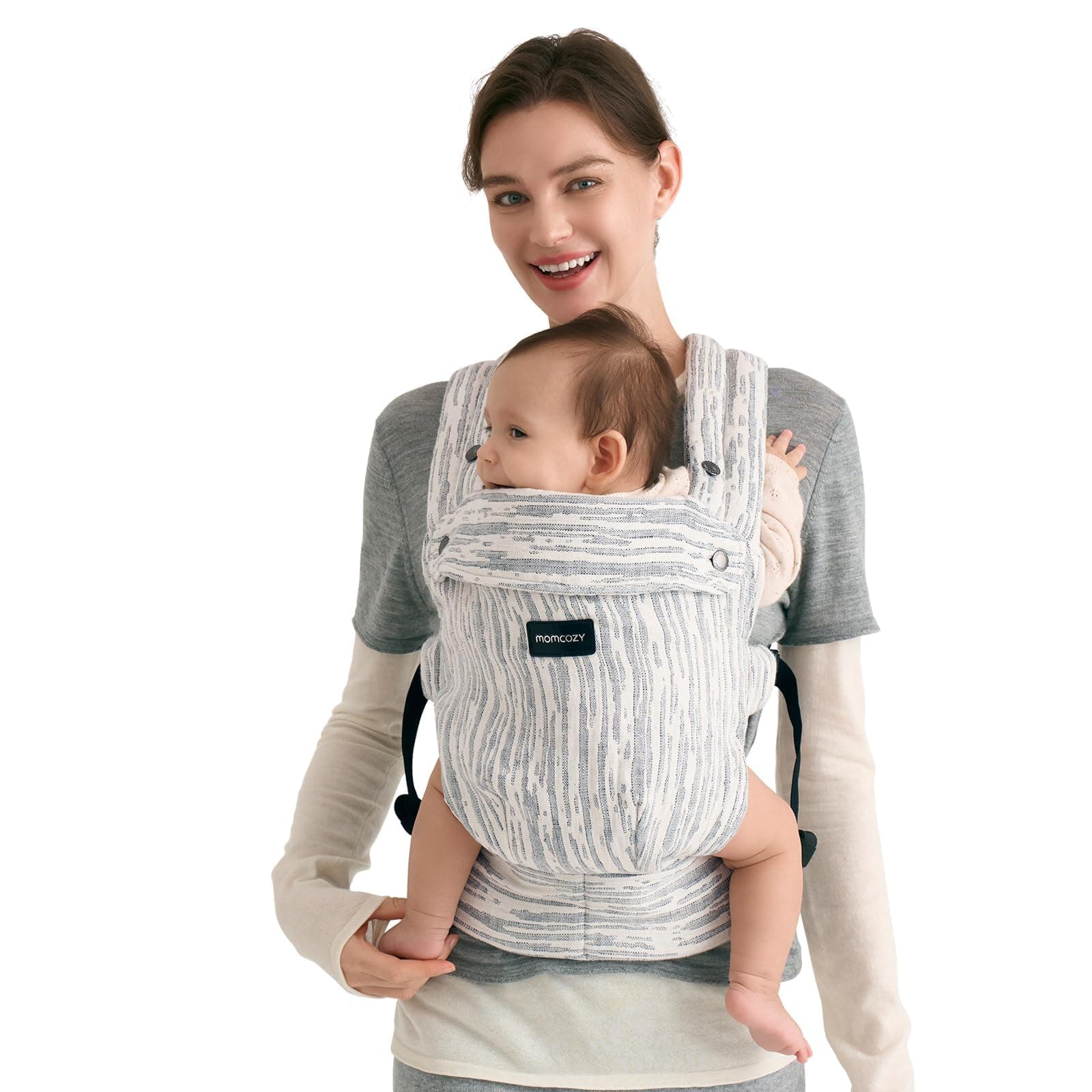 Momcozy Herihuge Marsupio Neonato, Tessuto Jacquard Elegante e Resistente,3,2–20 kg(3-24 mesi), Comodo per Tutto il Giorno, Marsupio Ergonomico per Neonati, Colore Beige Heritage