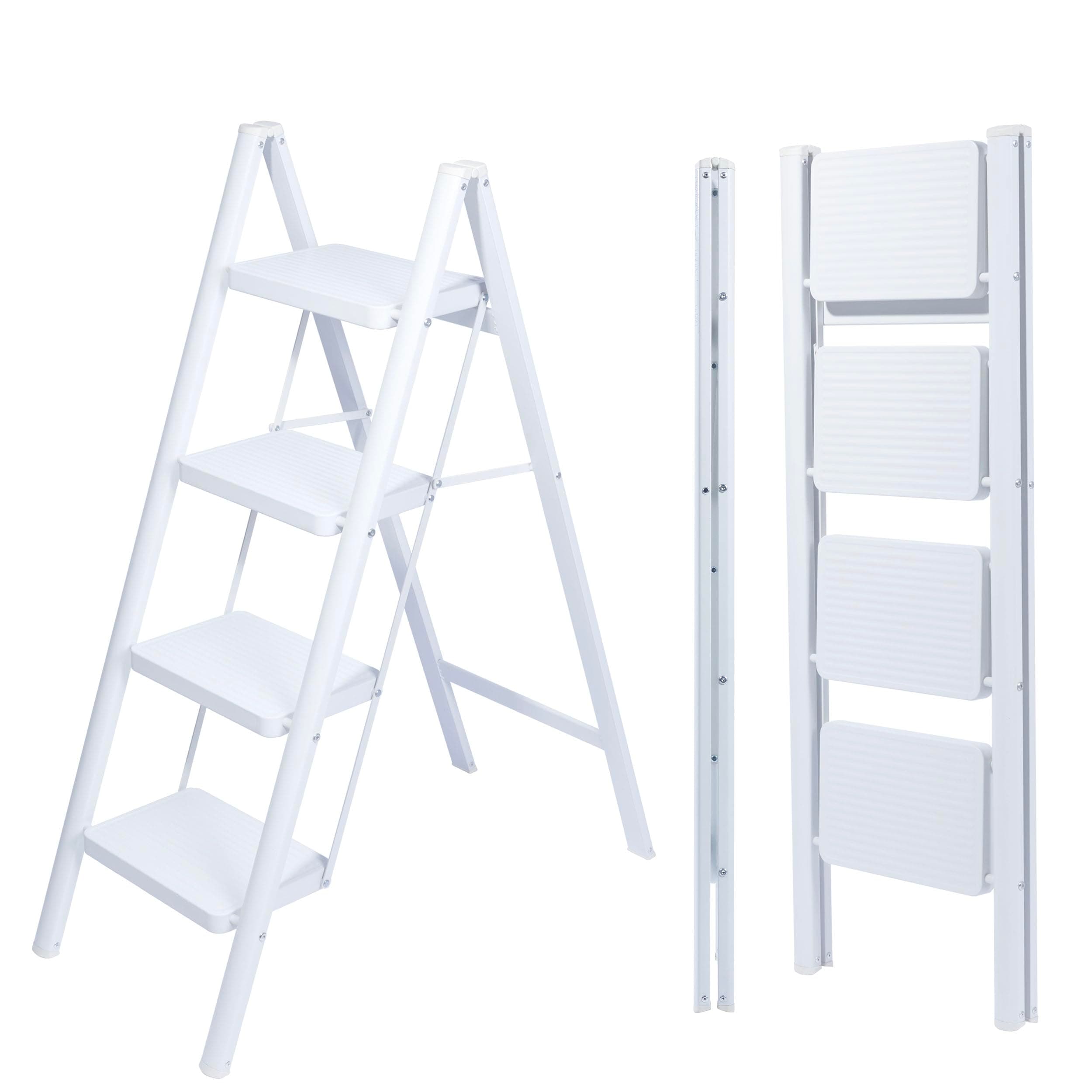 UZIRO Escalera Plegable 4 Peldaños, Escaleras Decorativa, Peldaños Anchos Antideslizantes, Ideal para Uso en Hogar, Cocina y Oficina, Fácil de Guardar y Transportar, Resistente (Blanco, 4 Peldaños)