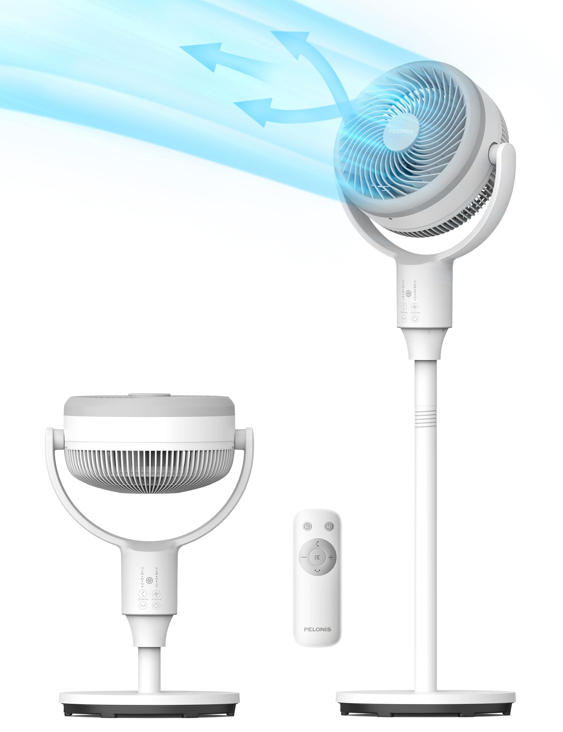 Pelonis Ventilateur sur Pied Silencieux, 2-en-1 avec Télécommande, Débit d'Air 1500m³/h Hauteur 110CM 3 Vitesses Oscillation Omni 135°+90°