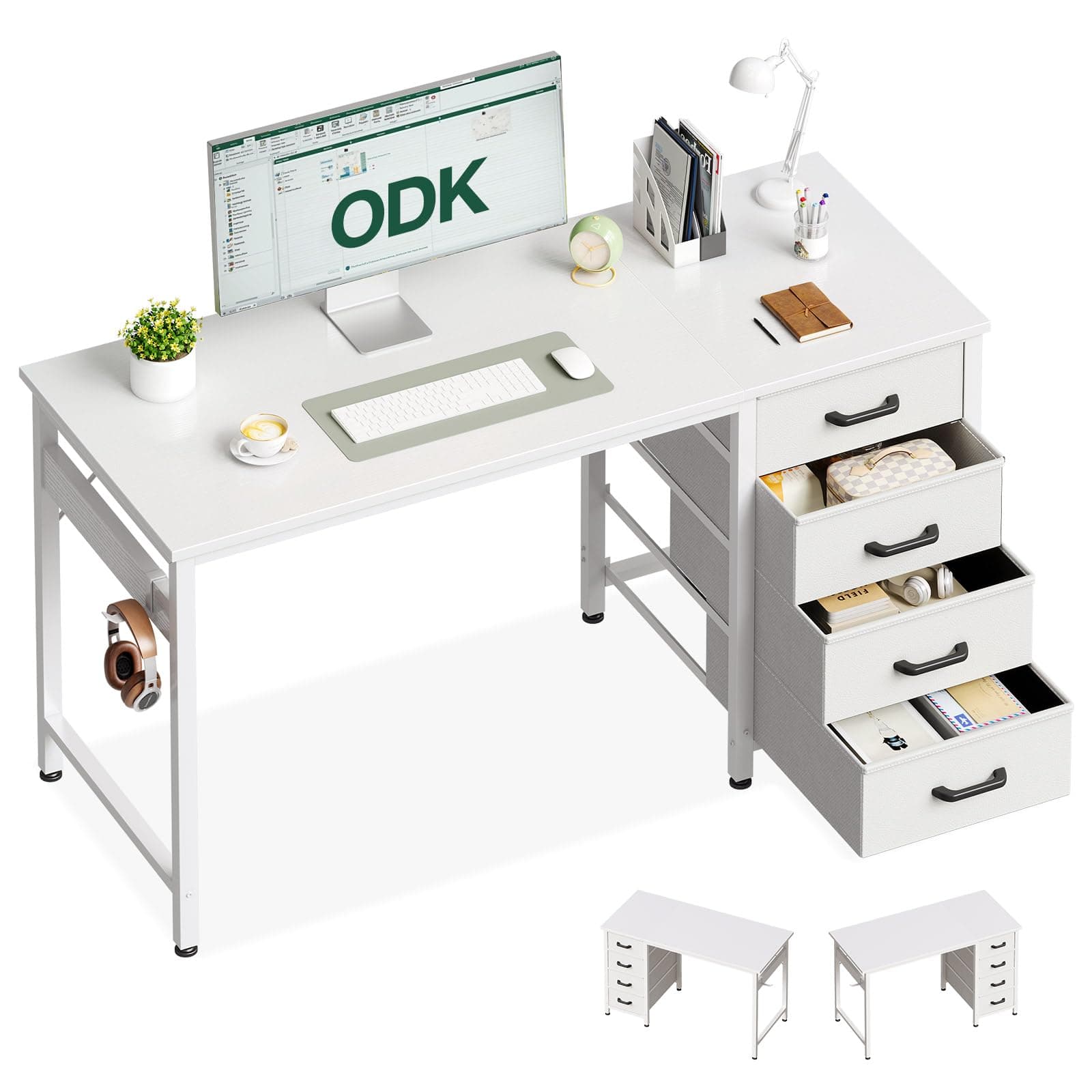 ODK Escritorio con 4 Cajones de Tela, 120x48cm Mesa Escritorio Ordenador Reversible con Gancho para Auriculares, Escritorio de Estudio para Oficinas Hogar y Puestos de Trabajo, Blanco