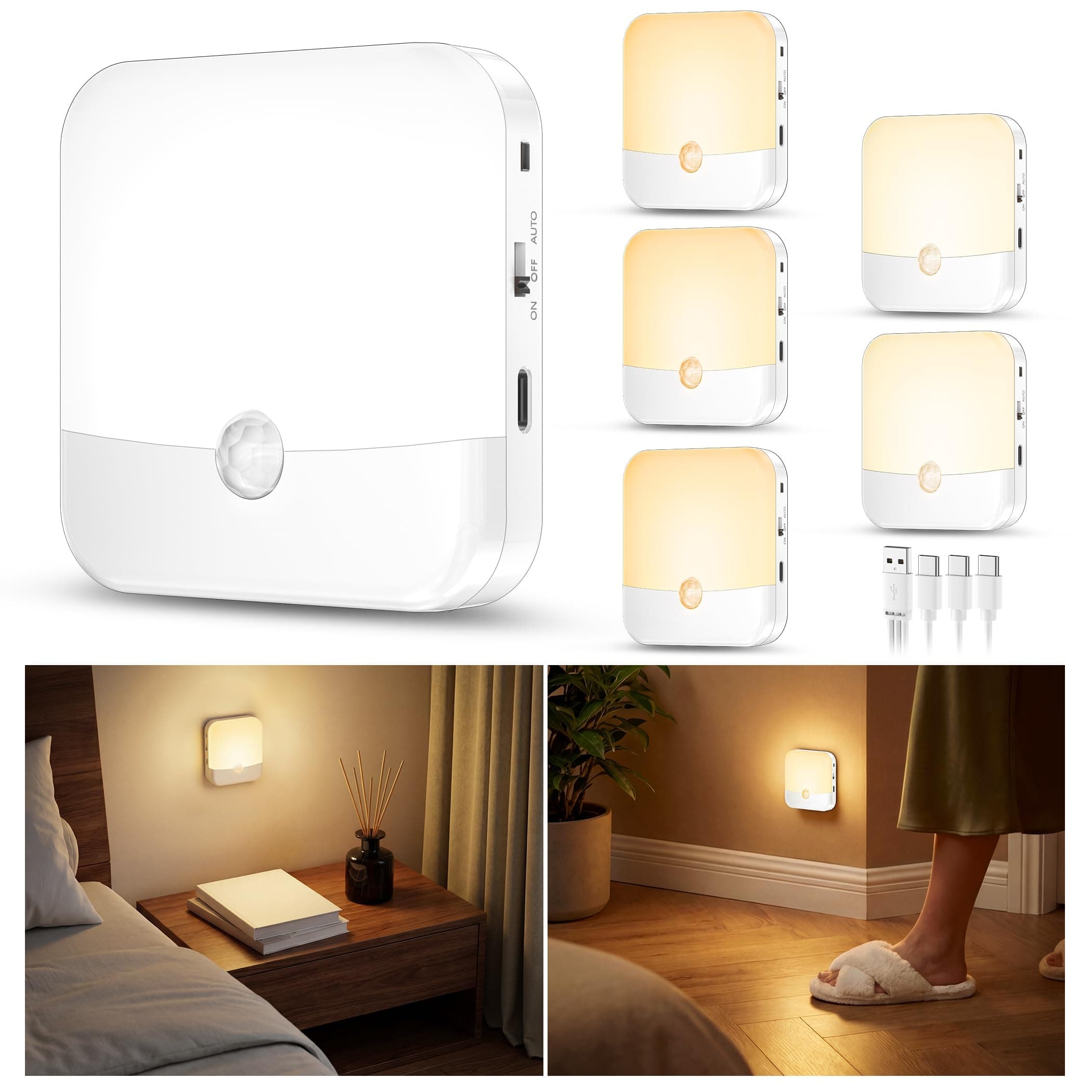 daphomeu 6Pcs Veilleuse LED Rechargeable avec Détecteur de Mouvement, Lampe Sans Fil pour Intérieur, Alimentation par Batteries, Éclairage Automatique pour Chambre, Couloir, Cuisine et Escalier