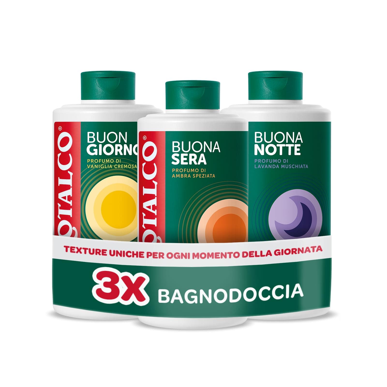 Borotalco, Kit con 3 Bagnodoccia, Bagnoschiuma Tripla Azione Setificante, Rigenerante e Rilassante, Profumo Vaniglia, Ambra Speziata e Lavanda, Ideale per Tutti i Momenti della Giornata, 3x500 ml