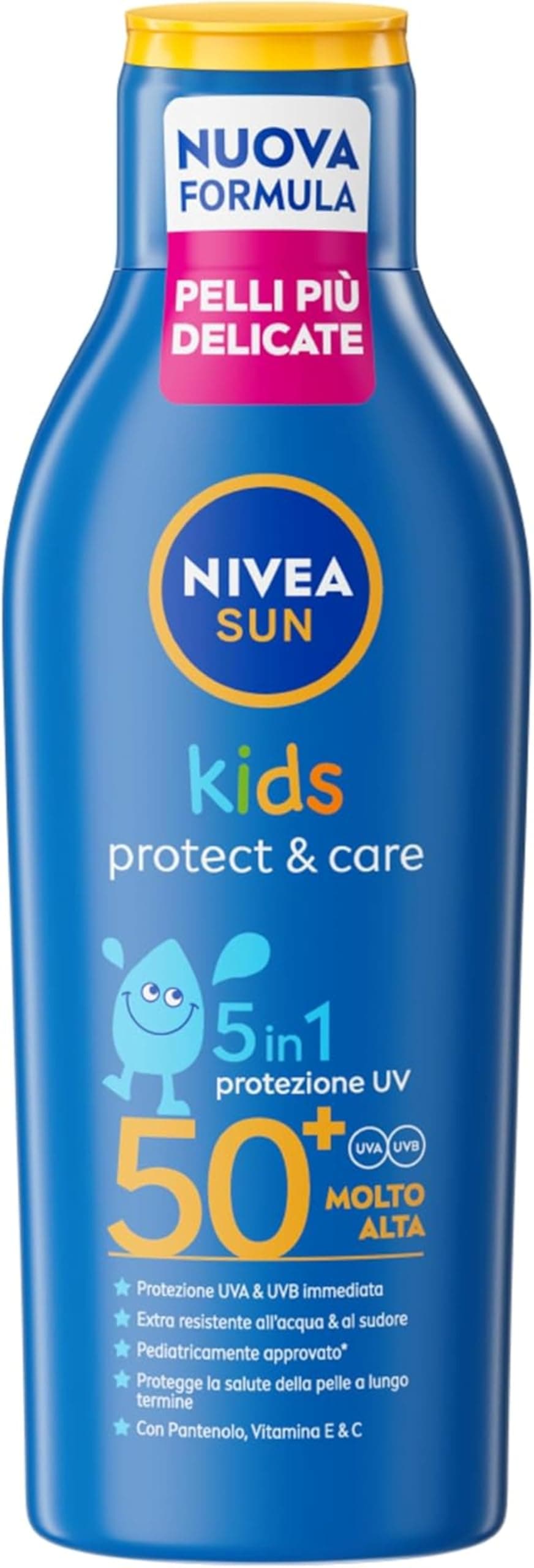 NIVEA SUN Kids Protect & Care SPF 50+ 200 ml, Crema solare 50 bambini 3+ anni per la pelle delicata, Protezione solare 50 bambini extra resistente all'acqua e al sudore con Pantenolo, Vitamina C & E