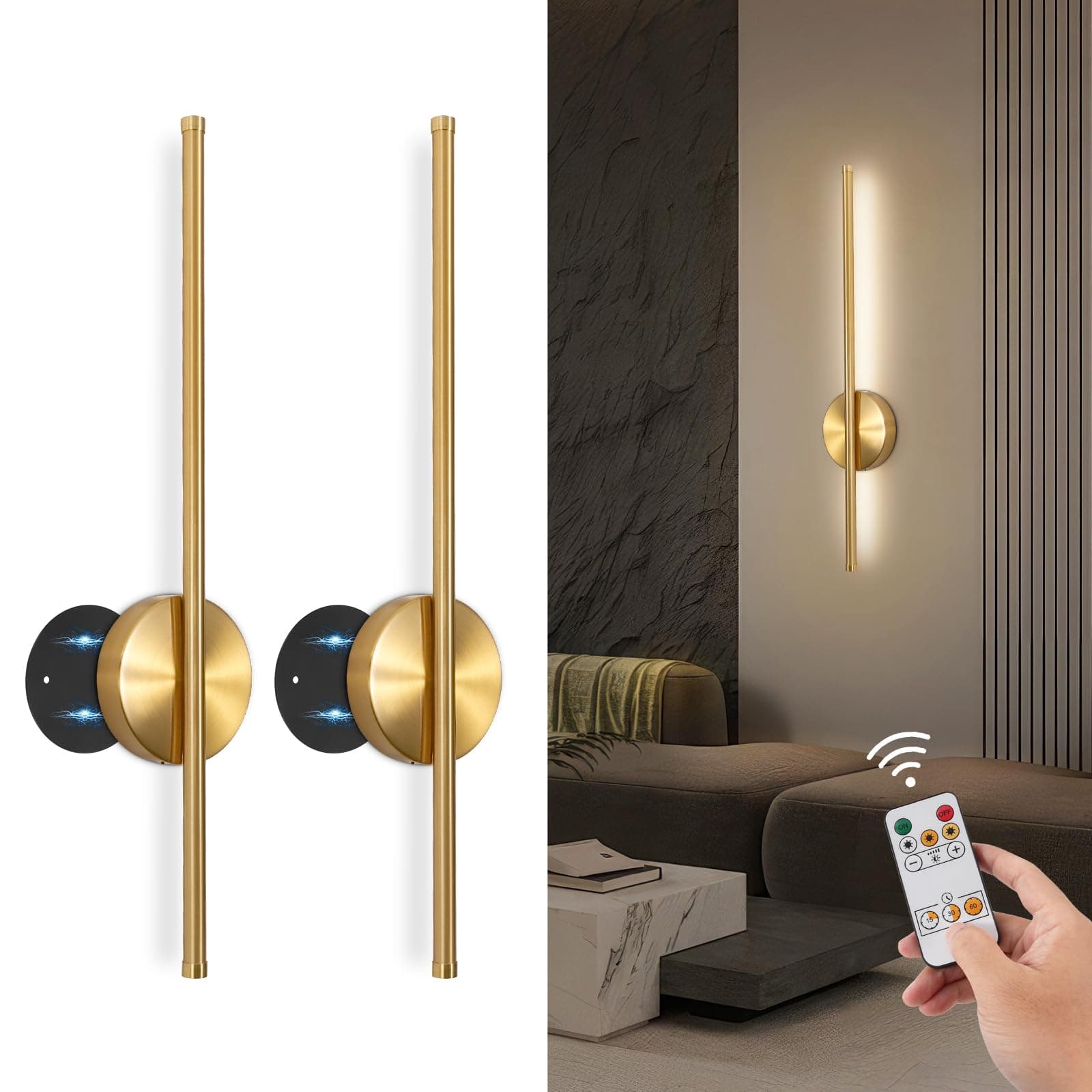 TaoFiaCo 60 cm Appliques Murale LED Intérieure, Or, Lot de 2 | Lampe Murale Sans Fil, 3 Températures de Couleur, Luminaire Mural à Batterie avec Télécommande pour Chambre à Coucher Salon