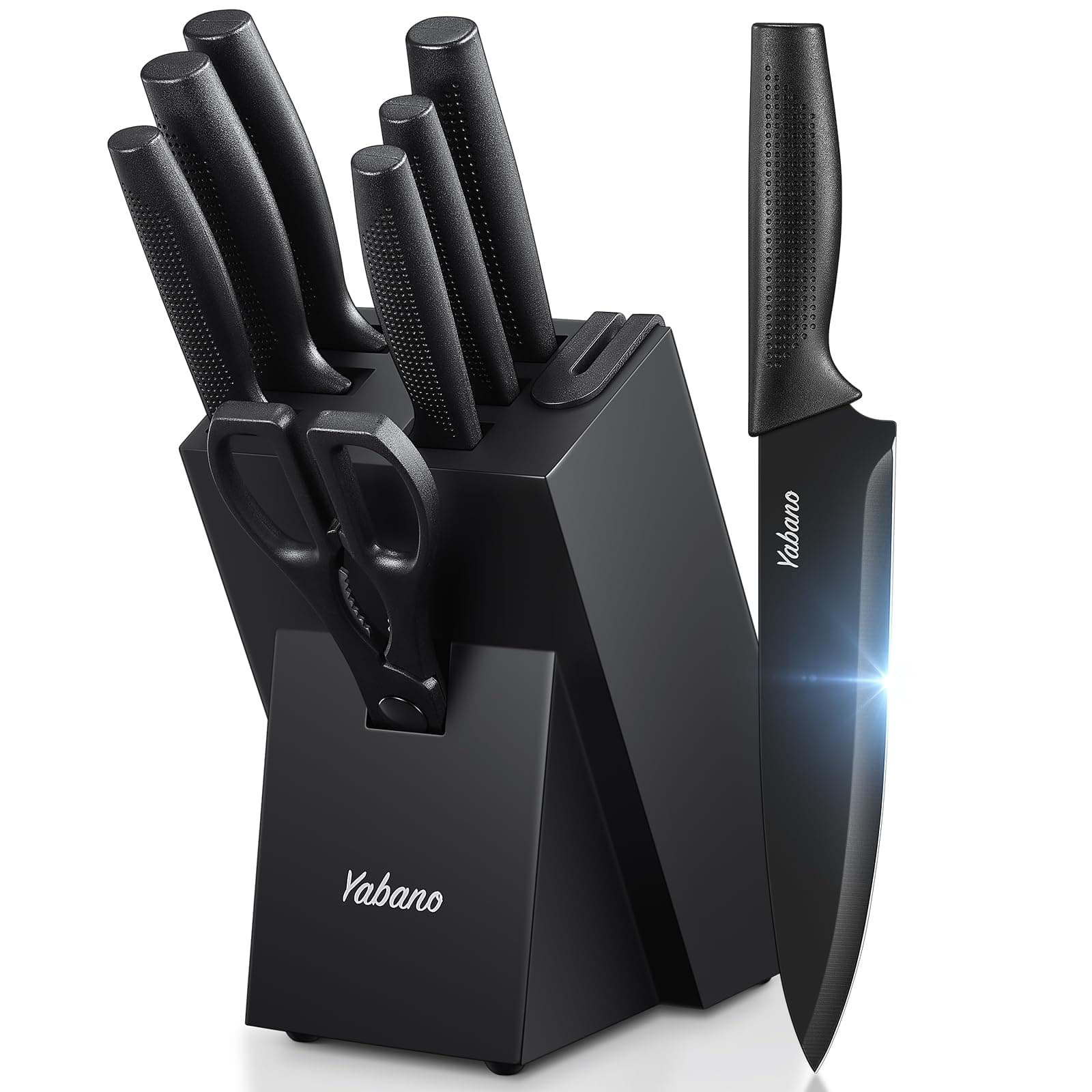 Yabano Couteaux de Cuisine, Set de 8 Bloc de Couteaux en Acier Inoxydable avec Affûteur Intégré, Couteaux Noirs Tranchants avec Bloc, Antirouille & Passe au Lave-Vaisselle, Poignée Ergonomique