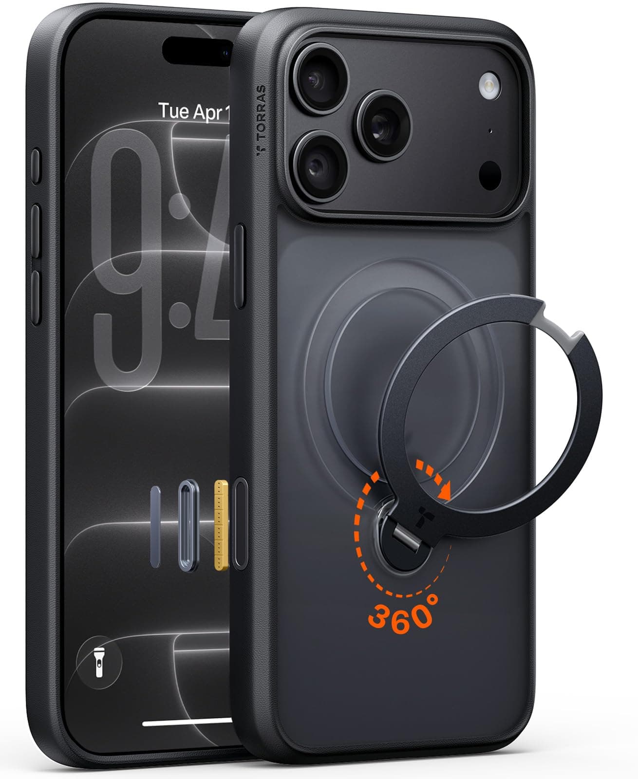 TORRAS Ostand Q3 Spin für iPhone 18 Pro Hülle für MagSafe 360°Stand Schwarz | 360° Ring-Ständer, 18N für MagSafe, 3,66 m Militär-Fallschutz,Tastenschutz,Premium Case & Handyhülle für Business & Freizeit