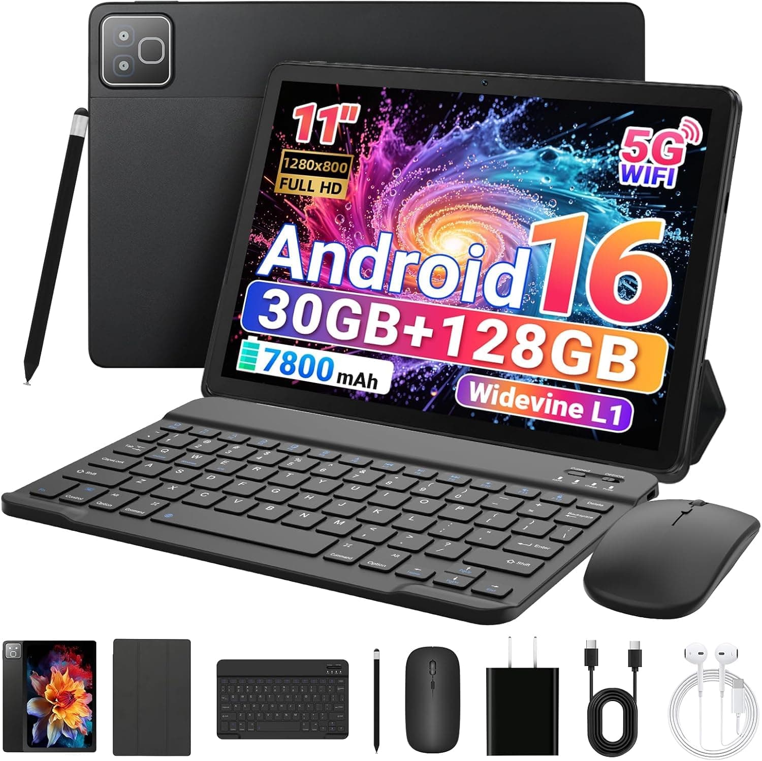 Tablette de 11 Pouces Android 16 Tablette, 2 en 1 Tablettes avec Cas de Stylo de Souris Clavier, RAM de 30 Go ROM de 128 Go (1TB TF Expand), 7800mAh, WiFi 6, BT5.4, Pour l'étude de Travail, Noir