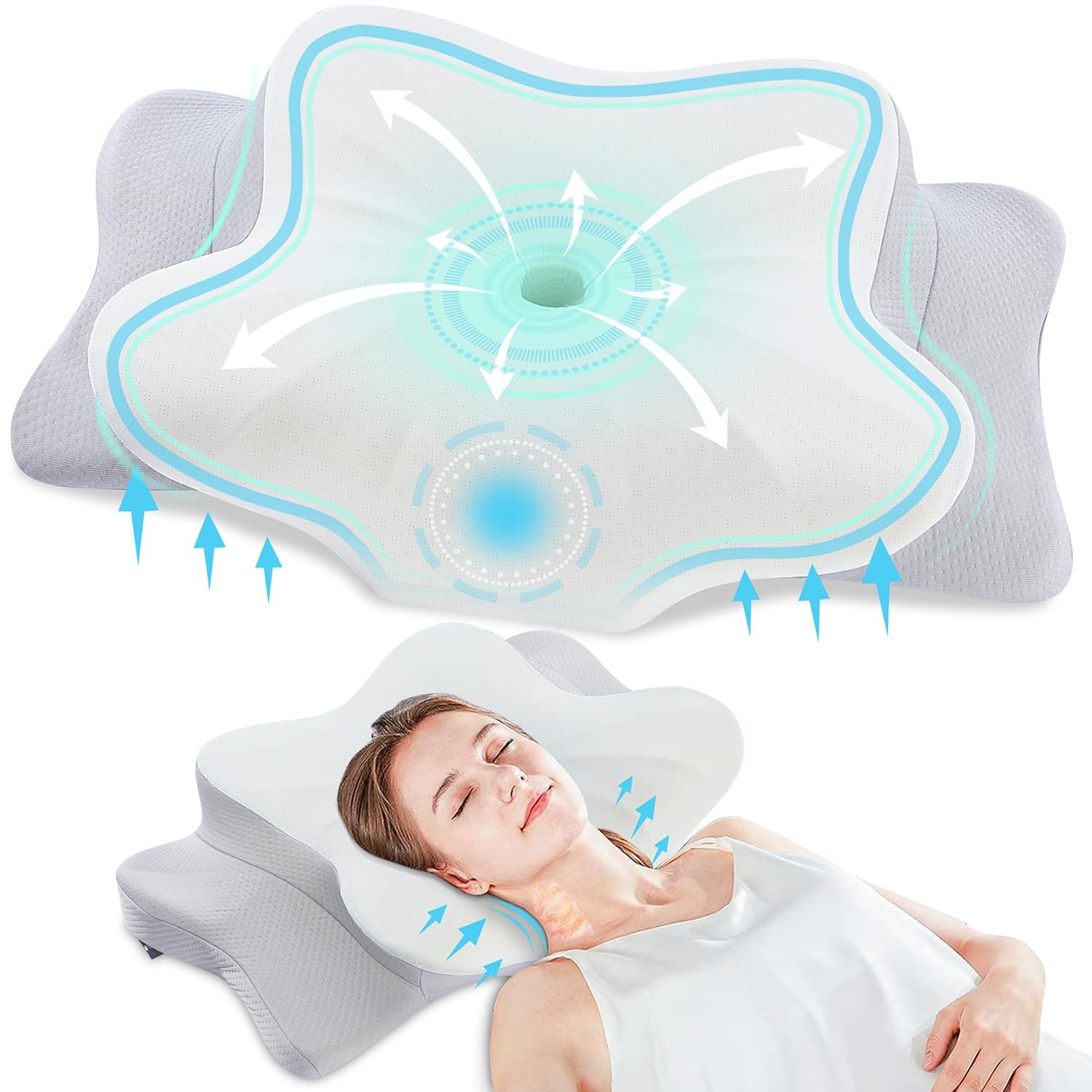 DONAMA Memory Foam Nackenkissen Ergonomisch, Kopfkissen mit Armauflage & Zwei Höhen, Kühlend & Atmungsaktiv, 6-Zonen-Kontur, Nackenstützung für alle Schlafpositionen