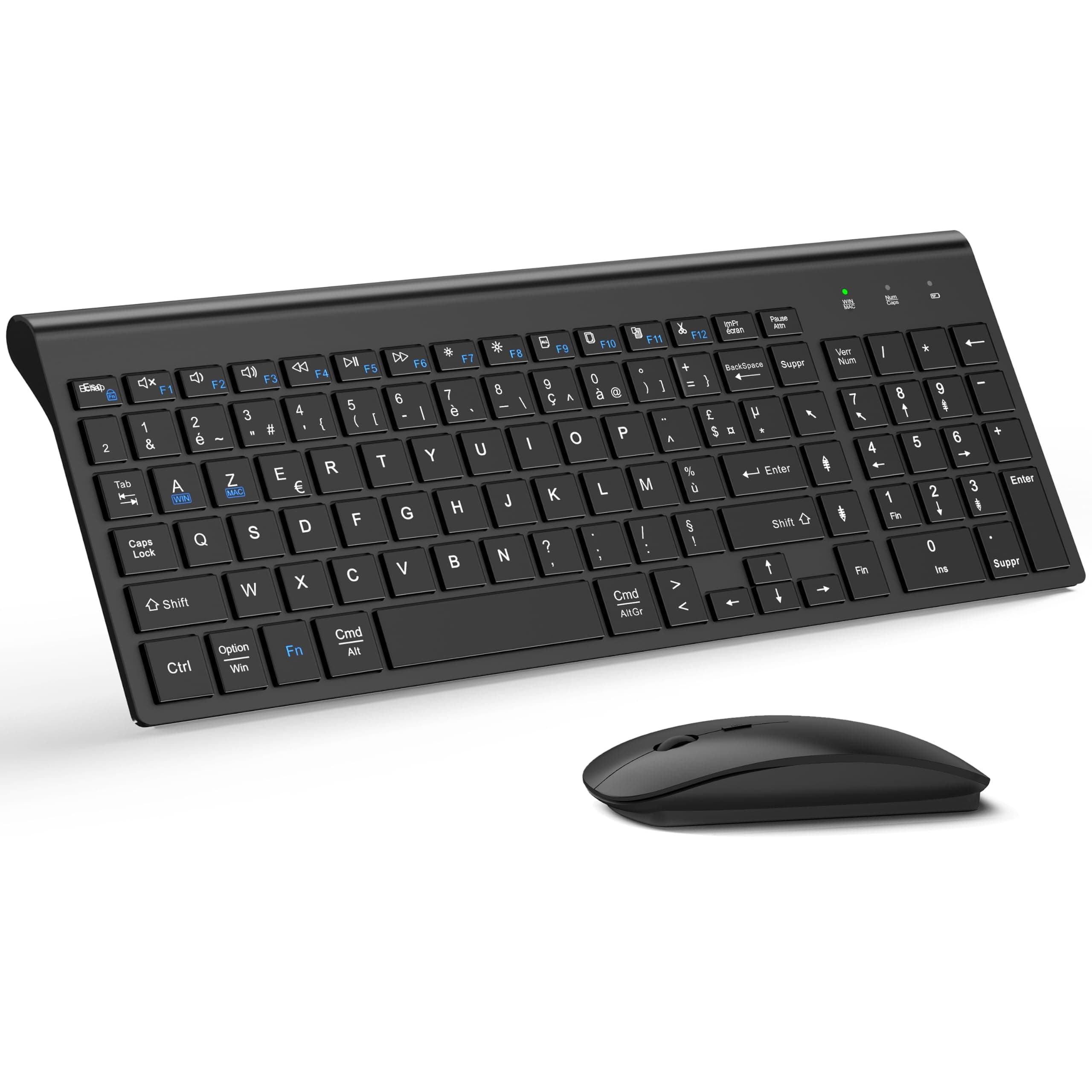 Combo Clavier Souris sans Fil Ultra Fin avec Double Système - Noir Mat | TopMate Clavier à Touches Ciseaux et Souris Compacte Silencieuse 2,4G (2400 DPI), piles Fournis, pour PC/Laptop/Windows/Mac