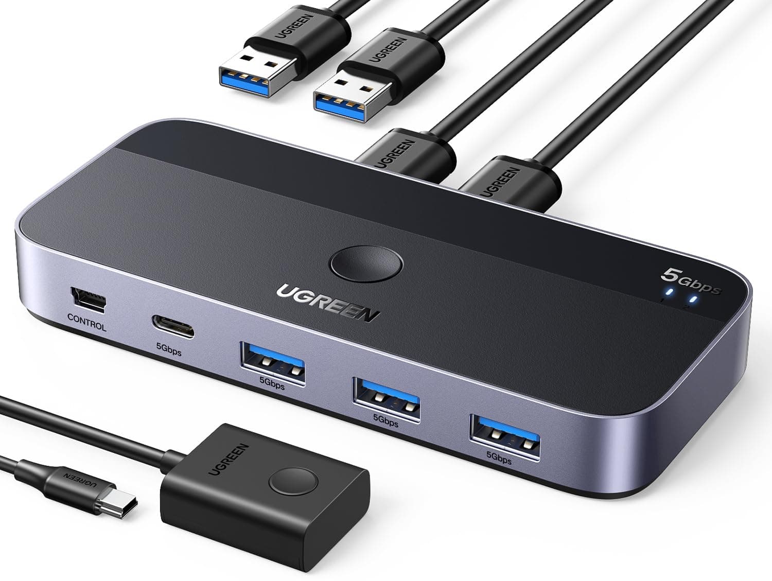 UGREEN KVM Switch 2 Entradas y 4 Salidas Conmutador USB 3.0 con 2 Cable para Compartir 4 Dispositivos de Teclado, Ratón, Memorias, Disco Duro, Impresoras, Escáneres, etc