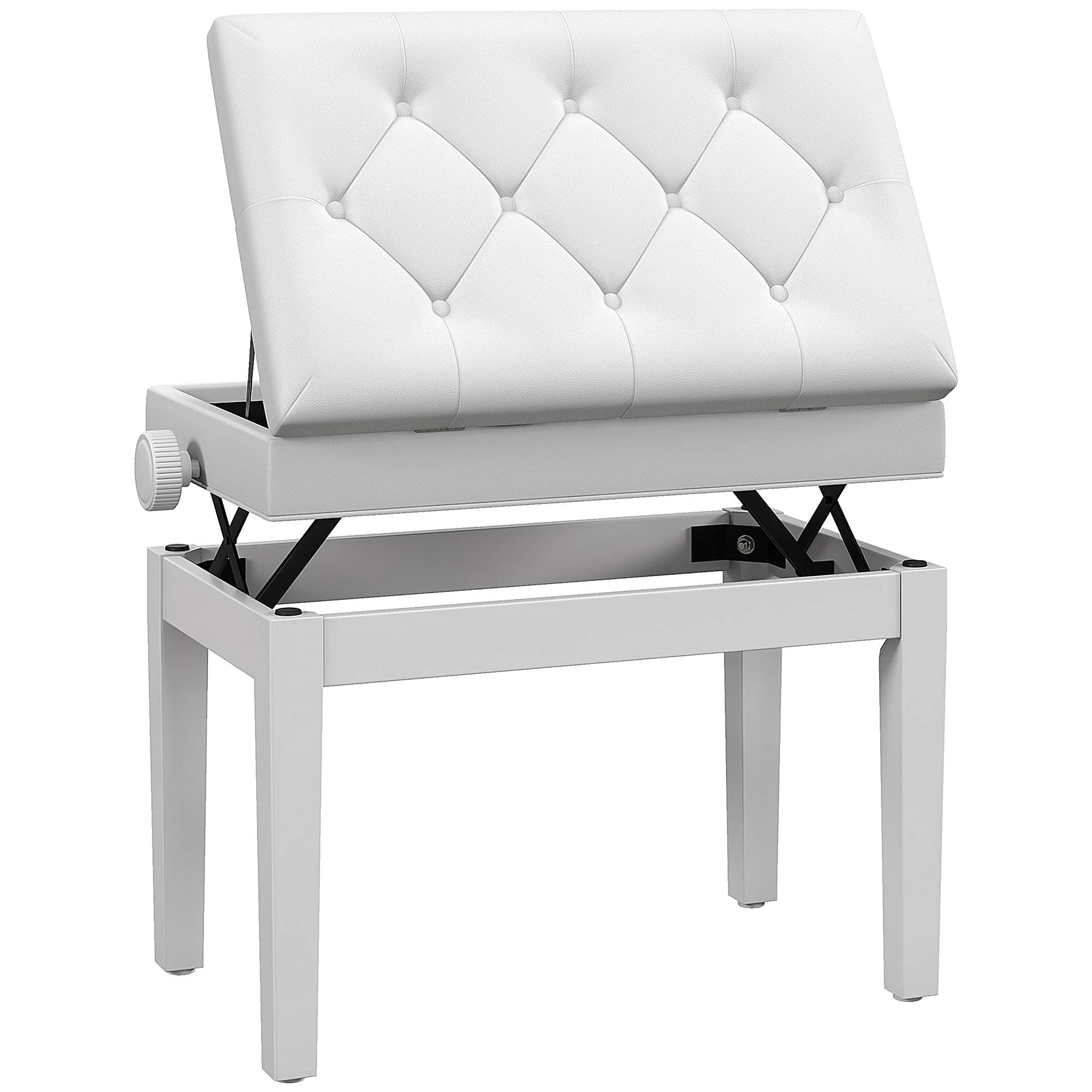 HOMCOM Banc de piano, banc de clavier réglable en hauteur en bois massif, tabouret piano avec compartiment caché, siège rembourré polyuréthane à 10 boutons, stable et antidérapant, charge 200kg, blanc
