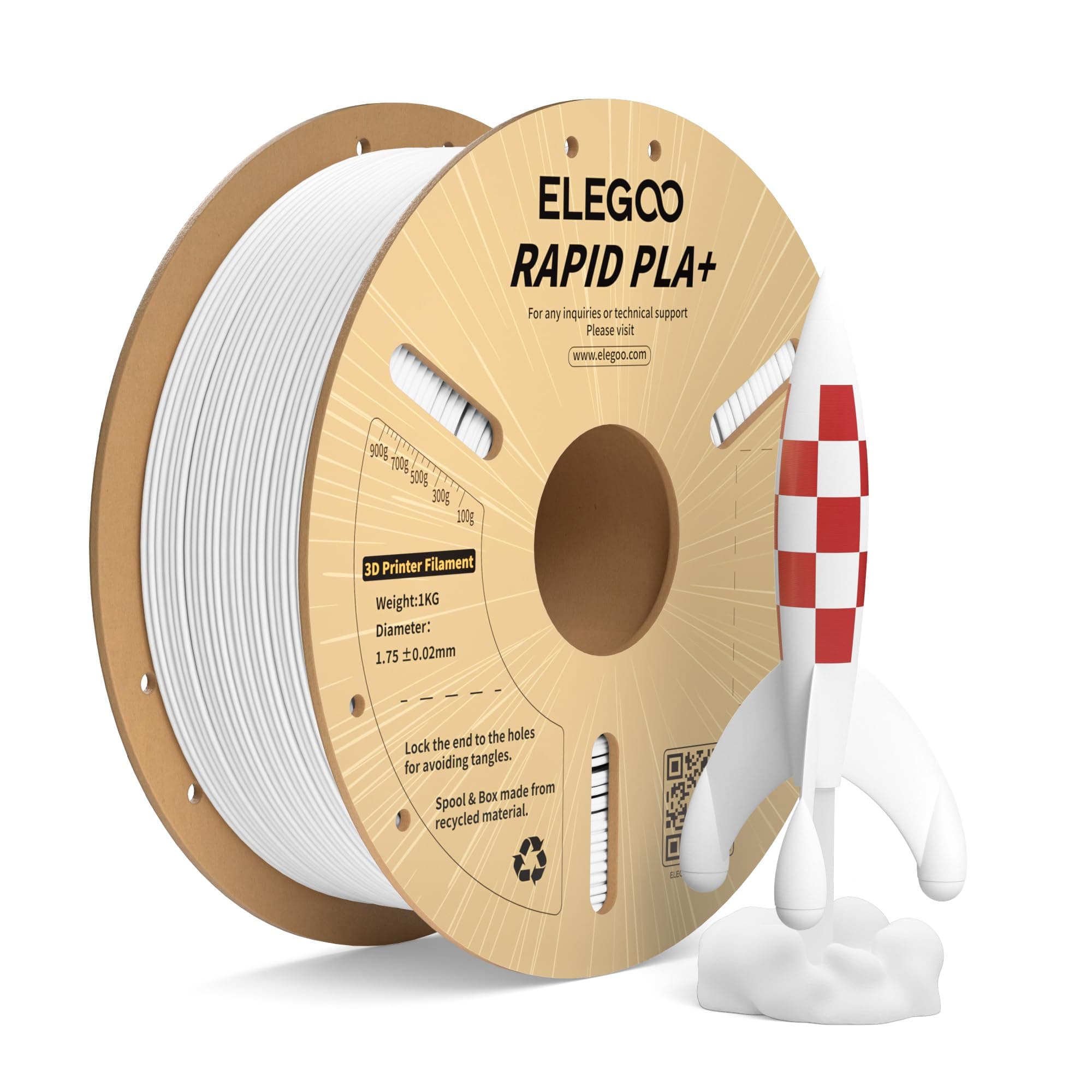 ELEGOO Rapido Filamento PLA+ 1.75mm Bianco 1KG, Alta Velocità 30-600 mm/s, Filamento PLA Plus per Stampante 3D, Precisione Dimensionale +/- 0.02mm, Filamento per La Maggior Parte delle Stampanti 3D