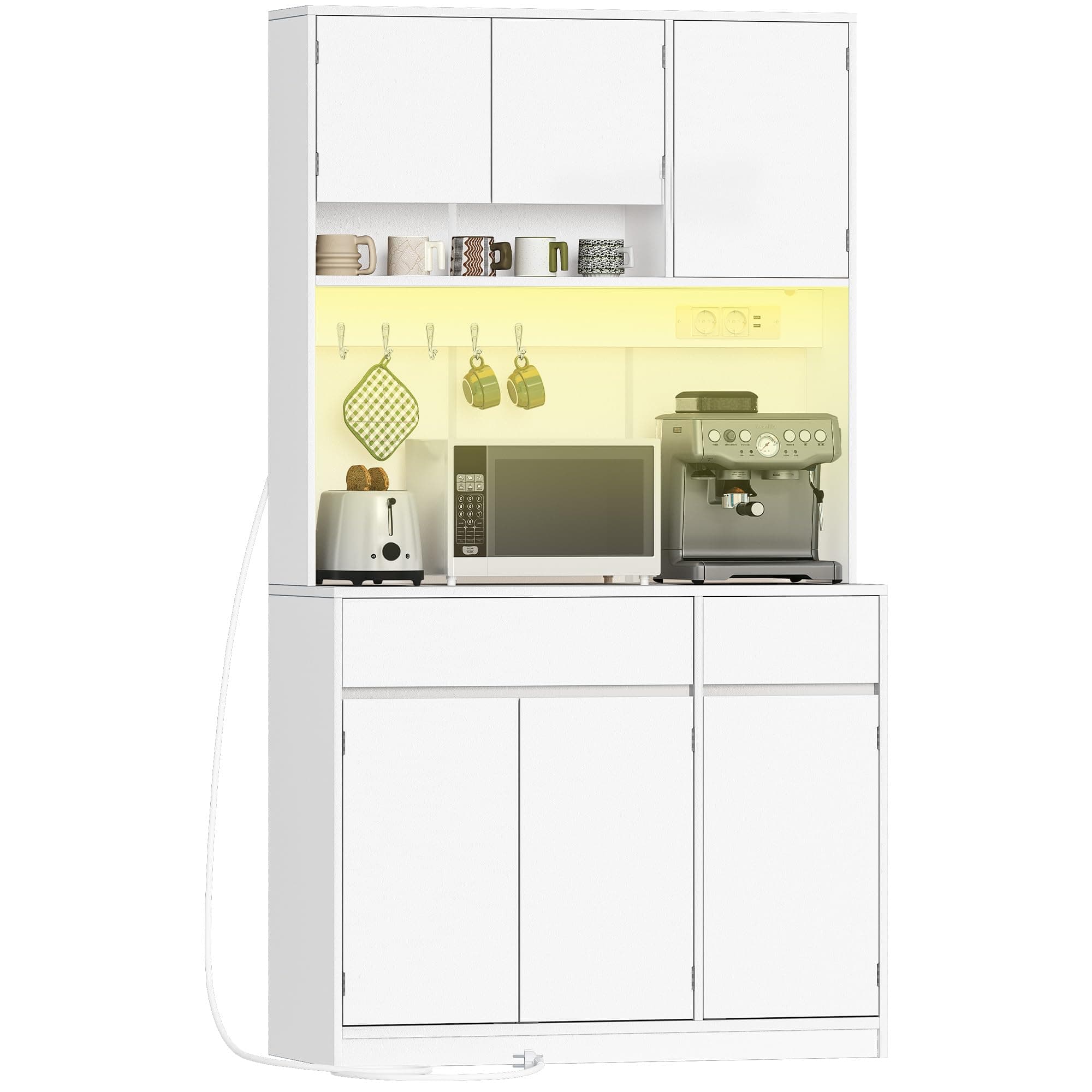 Hzuaneri Armoires Cuisine, Buffet, Haut Vaisselier avec Prises Électriques, avec Plans de Travail et Deux Tiroirs, Étagères Réglables, Cuisine, Salon, 100 x 40 x 180 cm, Blanc, PT00203X