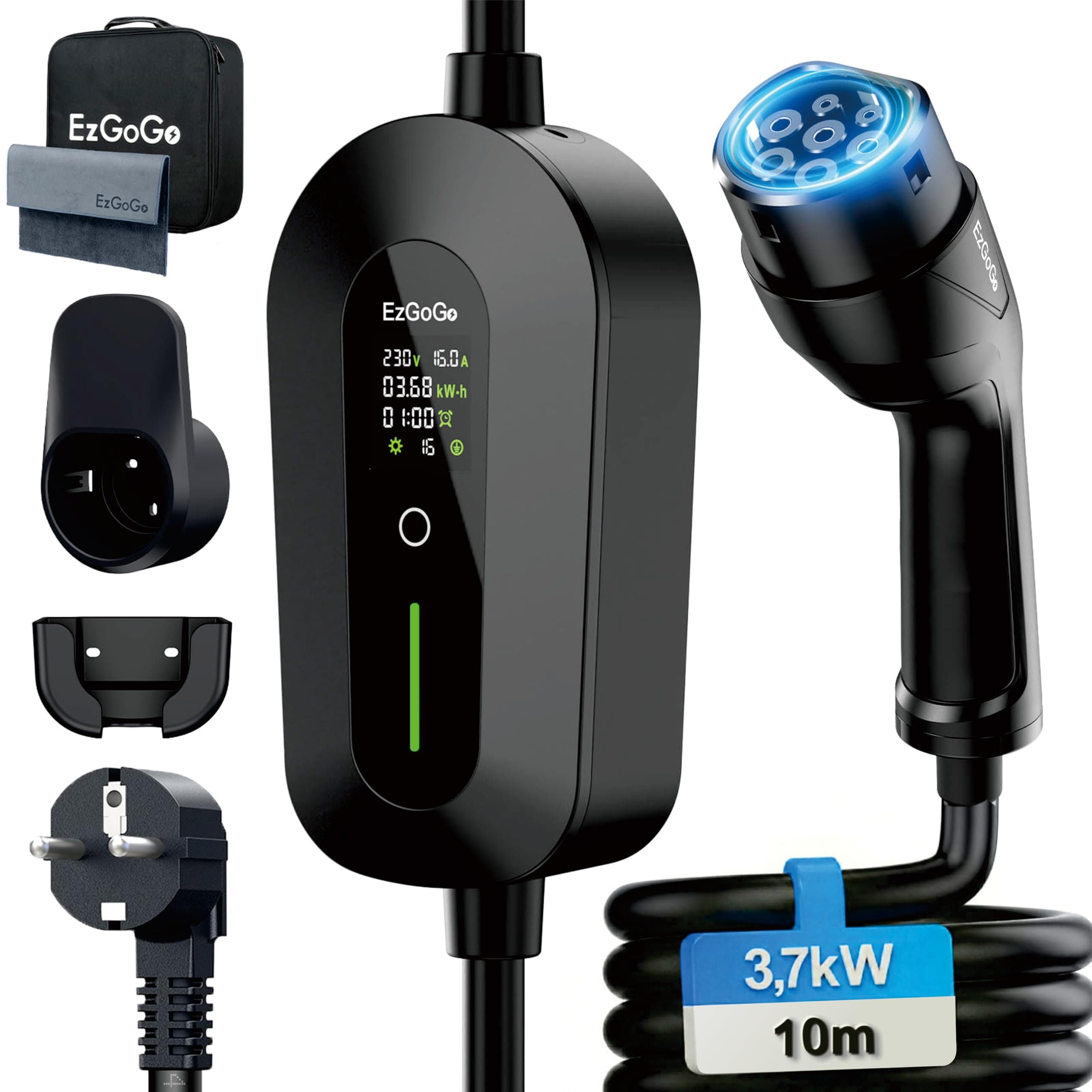 EzGoGo Chargeur Voiture Electrique 3,68 KW, 10 m, 6-16 A, Cable Recharge Voiture Electrique Type 2 avec écran LCD réglable & Indice IP65, pour Toutes Voitures électriques et PHEV (Norme IEC 62196-2)
