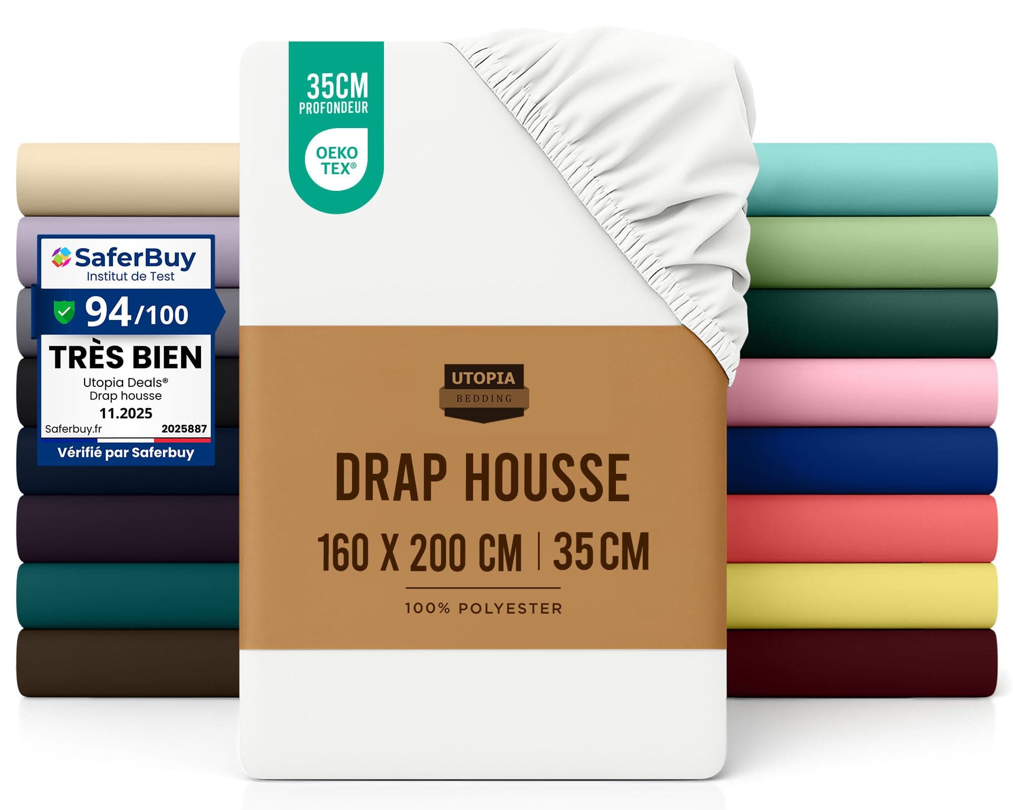 Utopia Bedding Drap Housse - Blanc, 160 x 200 cm - Certifié Oeko-Tex - Bonnets 35 cm pour Matelas Épais - Polyester Microfibre brossée