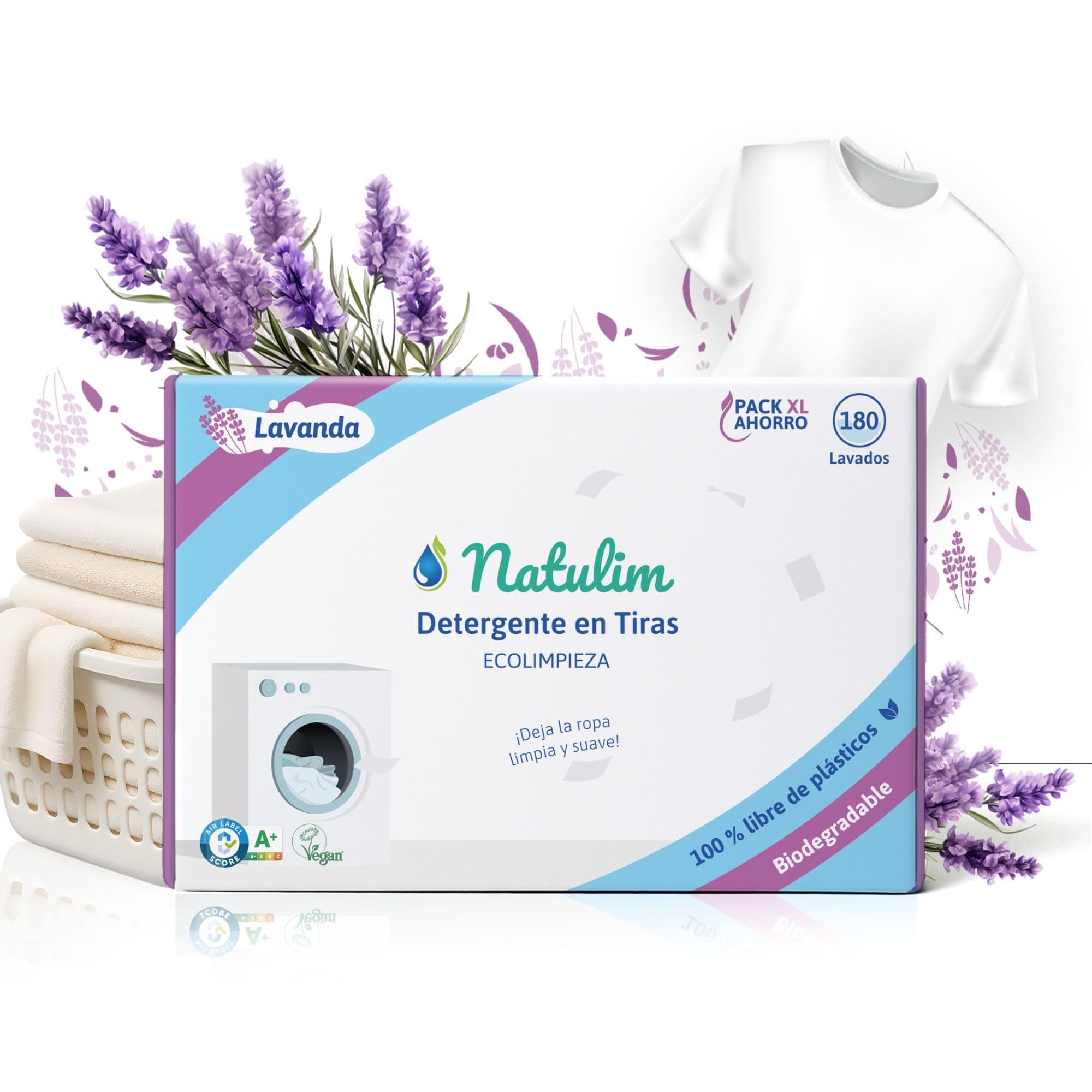Natulim Detergente en Tiras para Lavadora (180 Lavados) - Incluye efecto Suavizante, Ecológico, Hipoalergénico, Zero Waste, Made in Spain - Ropa limpia y suave sin ensuciar el Planeta (Lavanda)