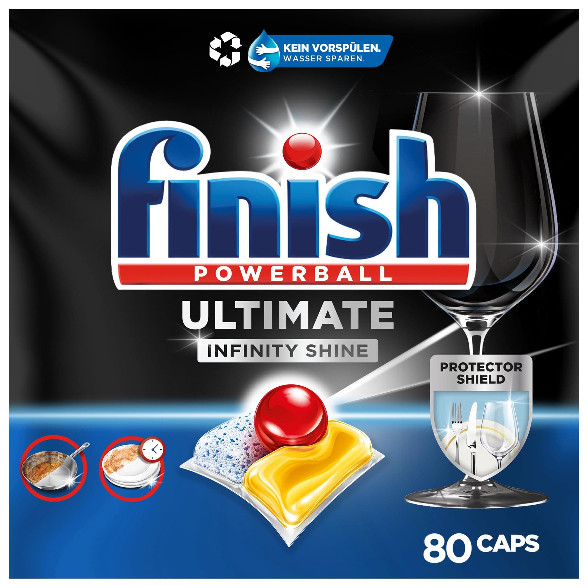 Finish Powerball Ultimate Infinity Shine, pastillas para el lavavajillas con poder quitagrasas y protección del cristal, aroma limón, 80 Pastillas