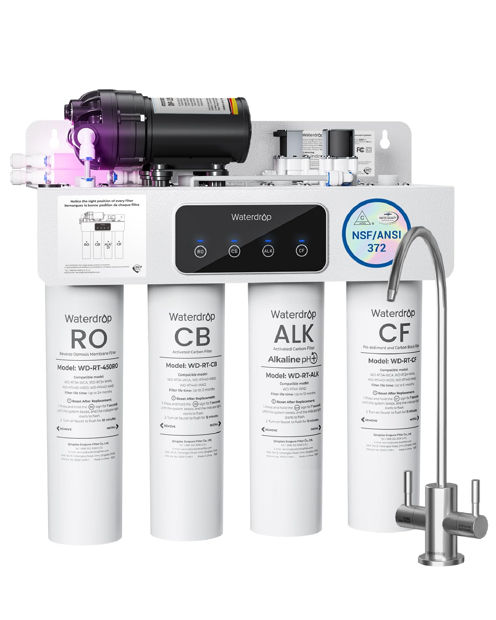 Waterdrop T4-A Sistema de Ósmosis Inversa Alcalina pH+, Doble Flujo, Certificado NSF/ANSI 372, Filtración de 10 etapas, Sistema de Filtrado Agua RO sin Tanqu, 450 GPD, Relación Agua Pura/Desagüe 2:1