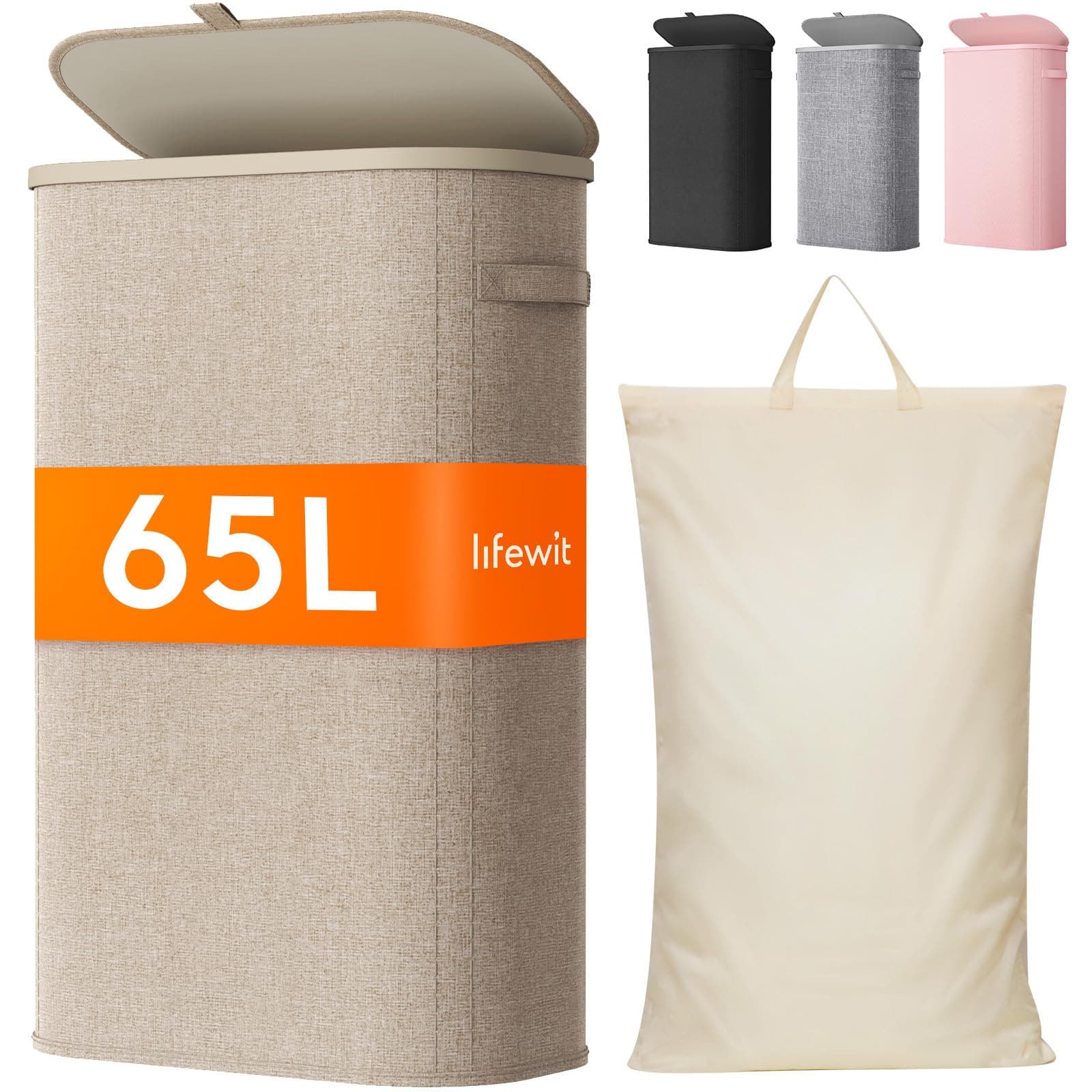 Lifewit Schmal Wäschekorb mit Deckel, 65L Wäschesammler mit Kunststoffrahmen, faltbarer großer Wäschesortierer, Wäschebox Laundry Baskets für Schlafzimmer, Bad, Beige