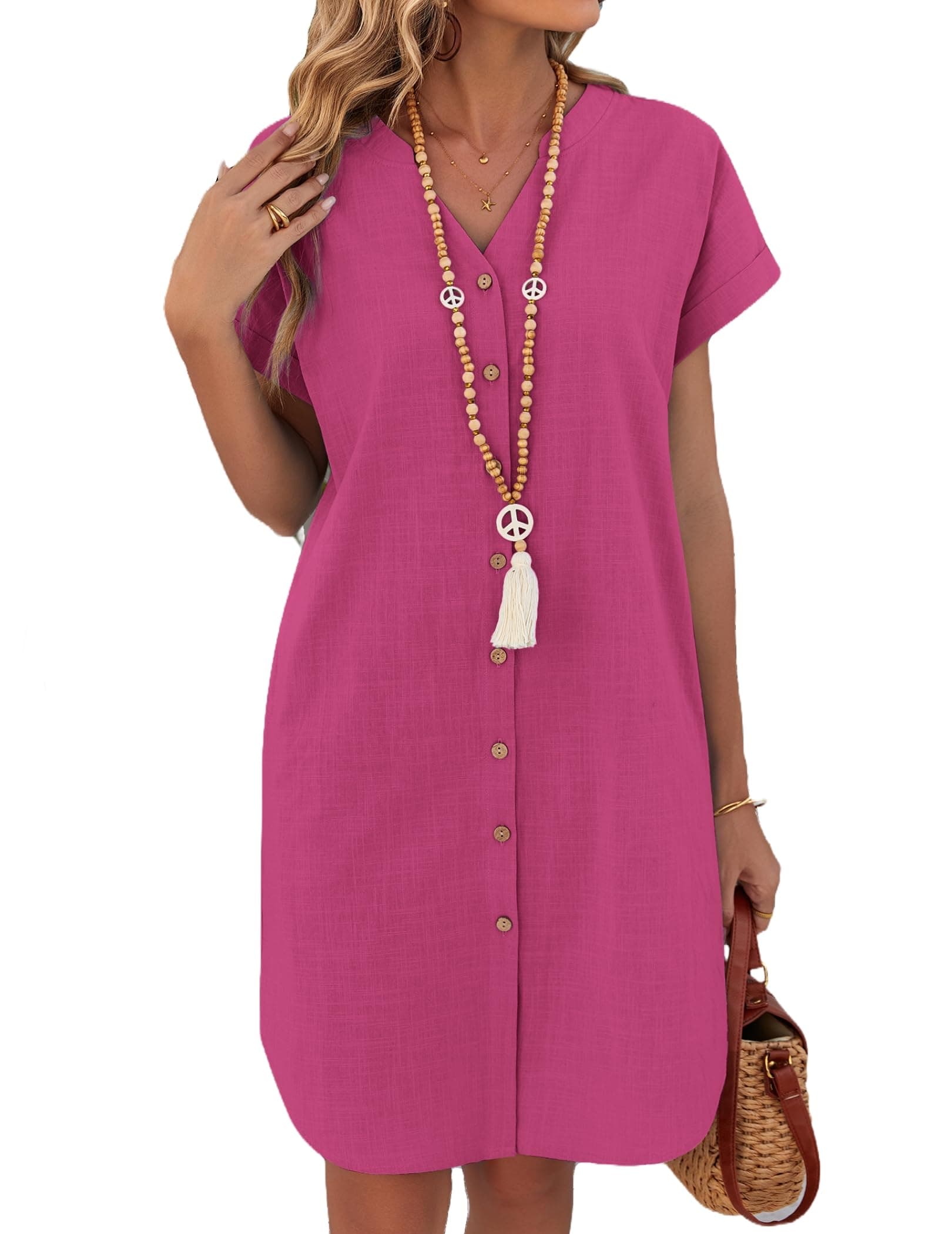 Zeagoo Vestido Mujer Verano Manga Corta Vestidos de Lino Casual Cuello en V Playa Vestido Cortos Camisero Vestidos con Bolsillos S-XXL