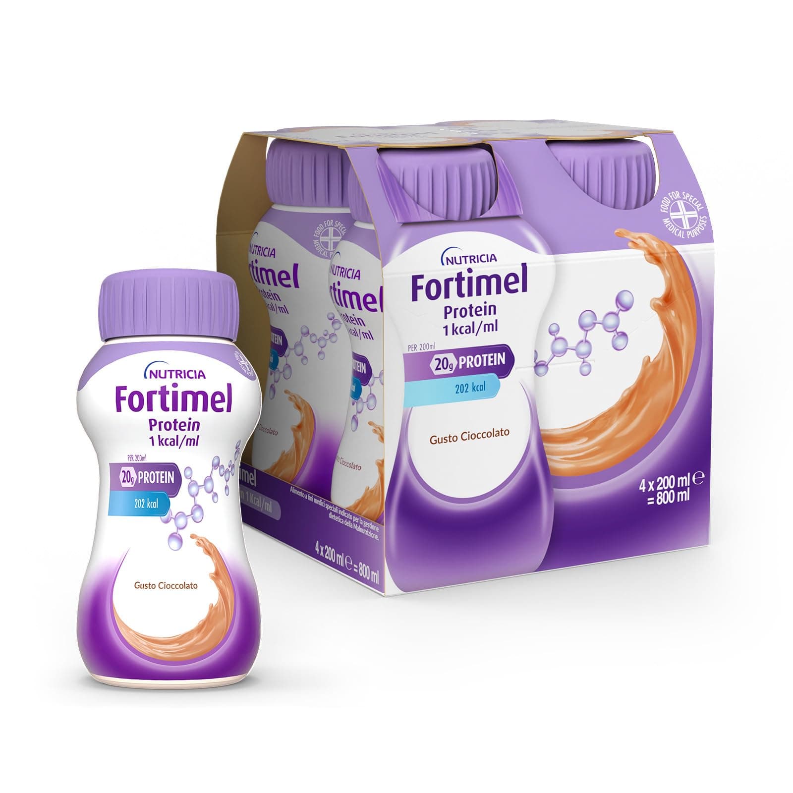 FORTIMEL PROTEIN - Supplemento Nutrizionale Iperproteico (20g di Proteine per Bottiglia), utile in caso di Malnutrizione Proteica, Pronto da Bere, Gusto Cioccolato - 4 bottiglie da 200 ml