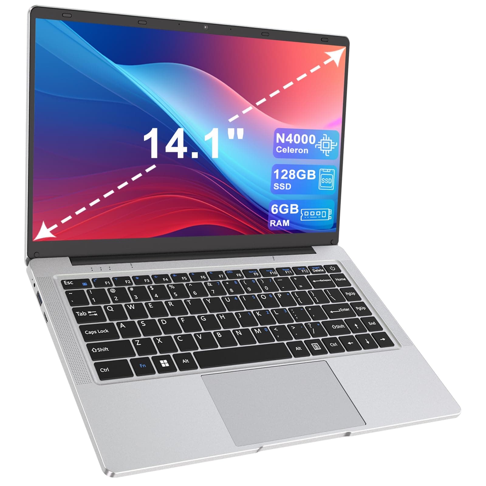Ordinateur Portable 14 pouces 2 cœurs (jusqu’à 2,6 GHz) PC Portable 6 Go DDR4 128 Go SSD, WiFi 5G, Mini-HDMI, Design Sans Ventilateur Computer, Idéal pour Étudiants, Entreprise – Souris Incluse